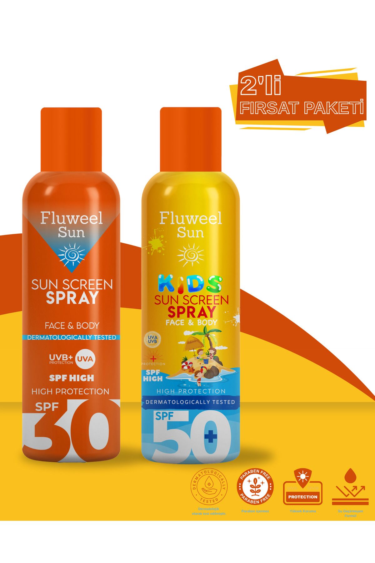 Fluweel Aerosol Güneş Koruyucu Transparan Sprey 30 SPF & Çocuk Sprey Kids 50+ SPF 200 ml 2'li Paket