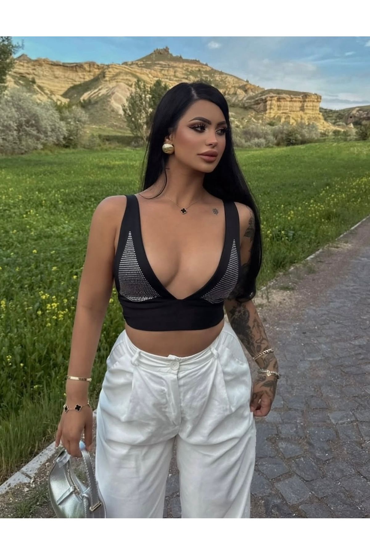 disponible Askılı Kadın Taşlı Crop Stone Bustiyer Bluz