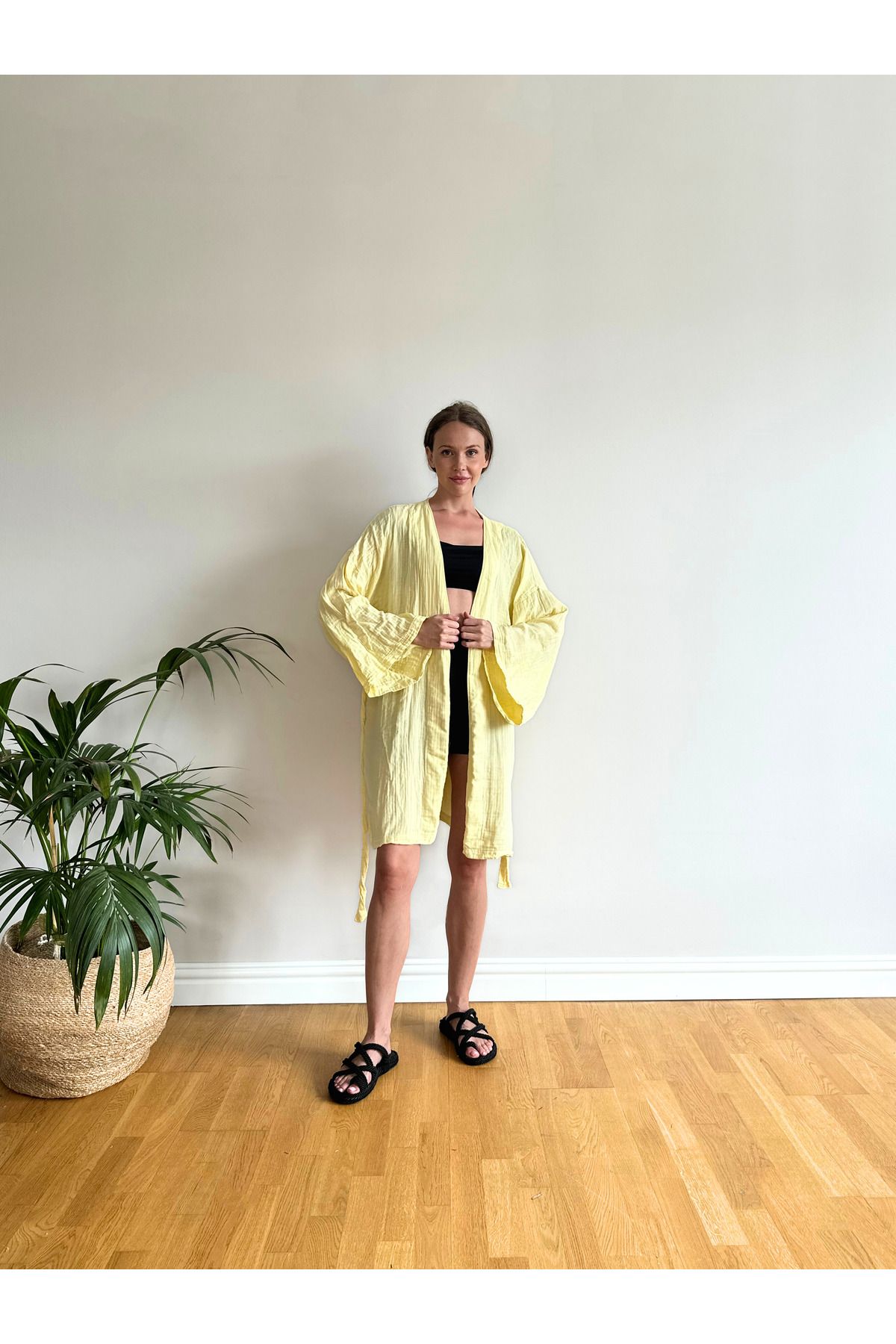 MDZ COLLECTION Kadın Bej Organik Kumaş Kimono