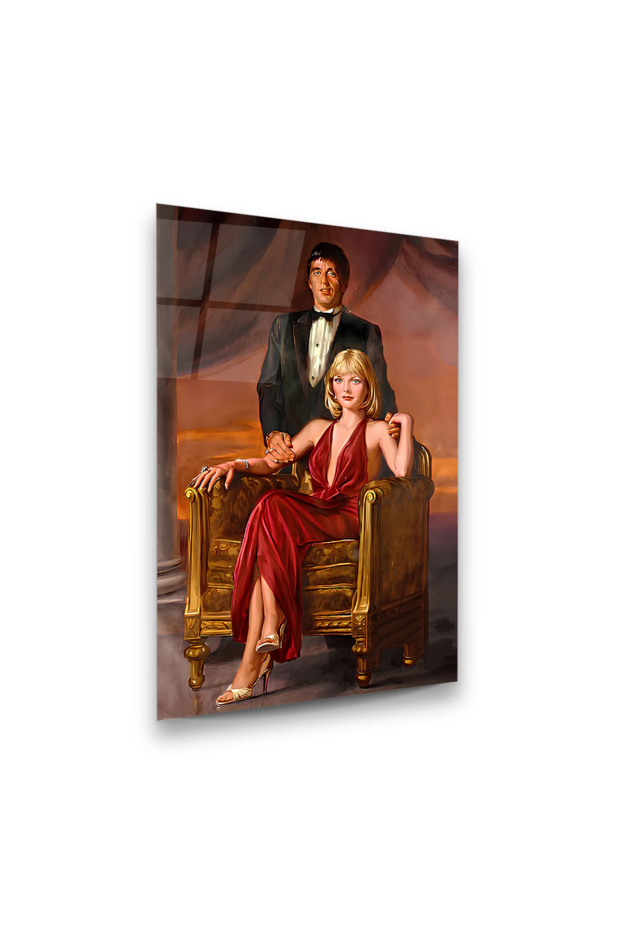 DuruGlassArt Scarface Film Temalı Elvira ve Tony Montana Dikey Cam Tablo