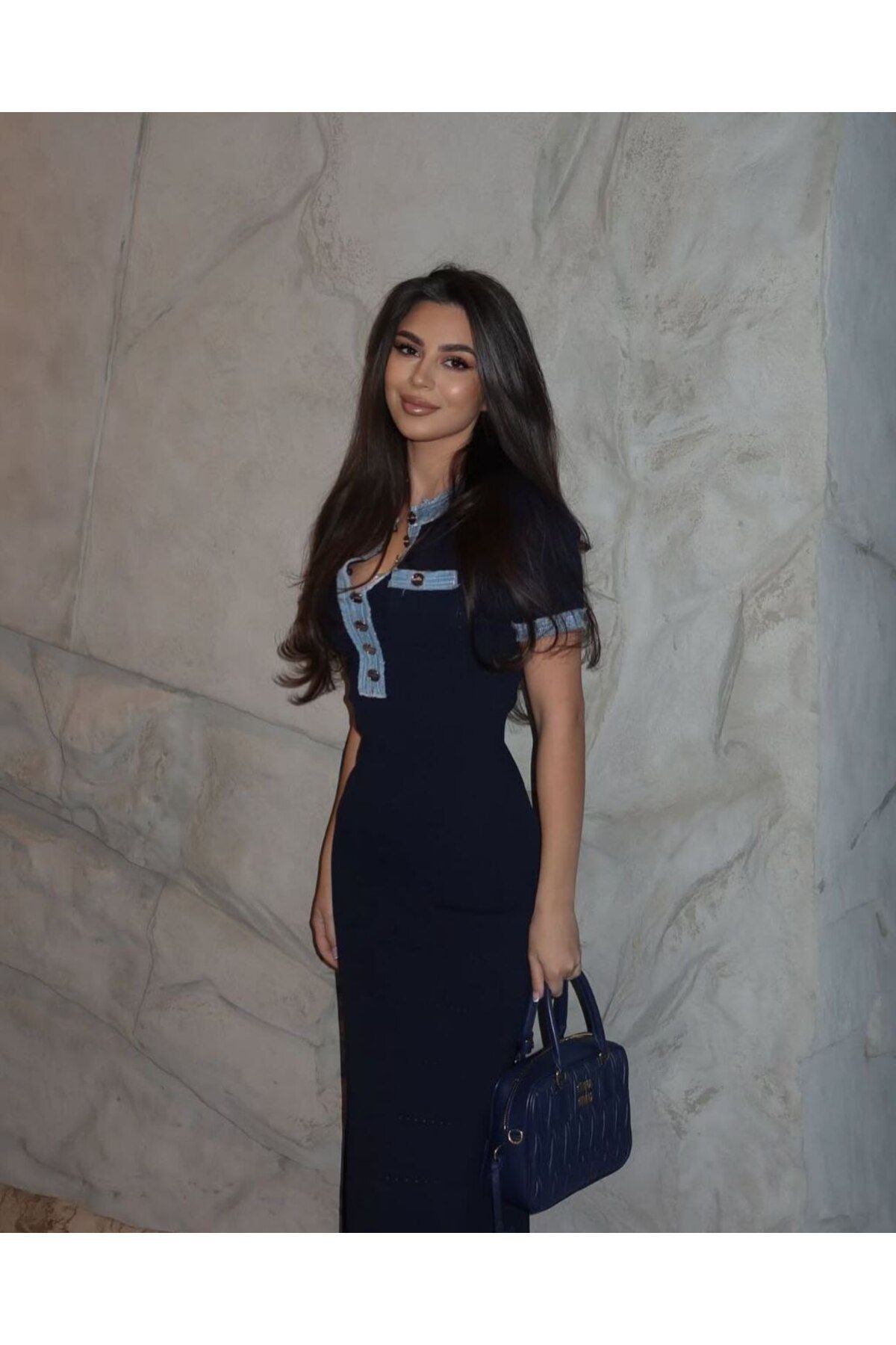 Abalı Yeni sezon triko Kot Detaylı Elbise Massino Tutti Nadin model.