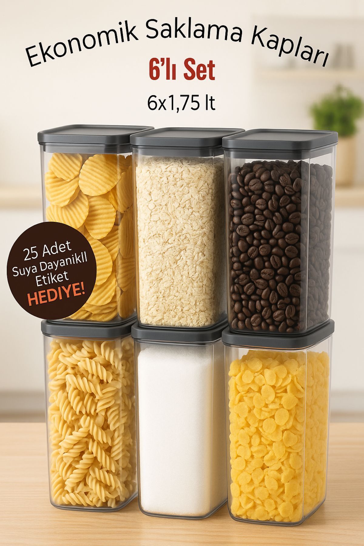 Open Home Concept-Set of 6 Anthracite Economical Unbreakable Storage Containers 6X1.75 Lt. with Tag Gift 2