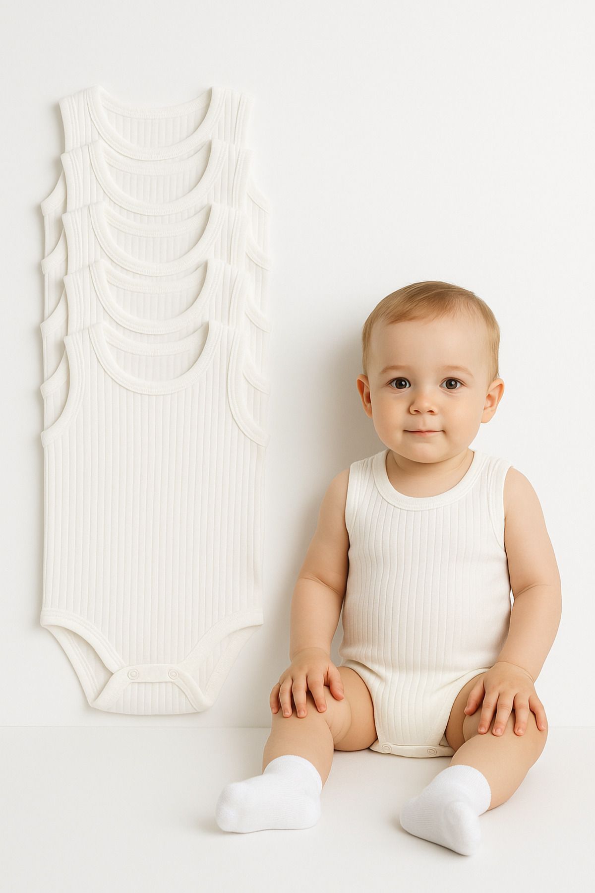 Trend Bebe Butik 5'li Fitilli Çıtçıtlı Bebek Zıbın Seti Pamuklu Atlet Body Yazlık Kolsuz Bebek Zıbın Tulum Ribana