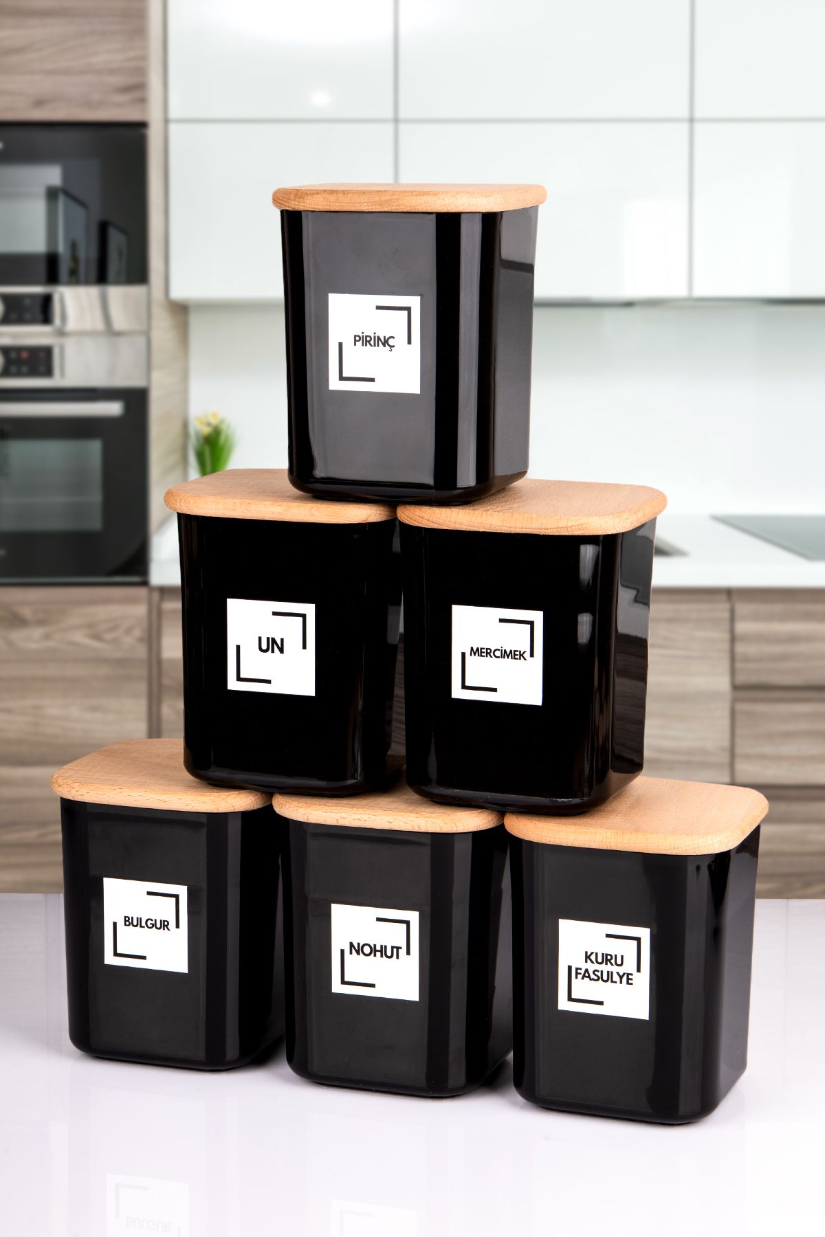 naturelove 6'Lı 900 Ml Siyah Ahşap Vakumlu Kapaklı Akrilik Saklama Kavanozu Kabı ve Kutusu 900 ml ETİKETLİ