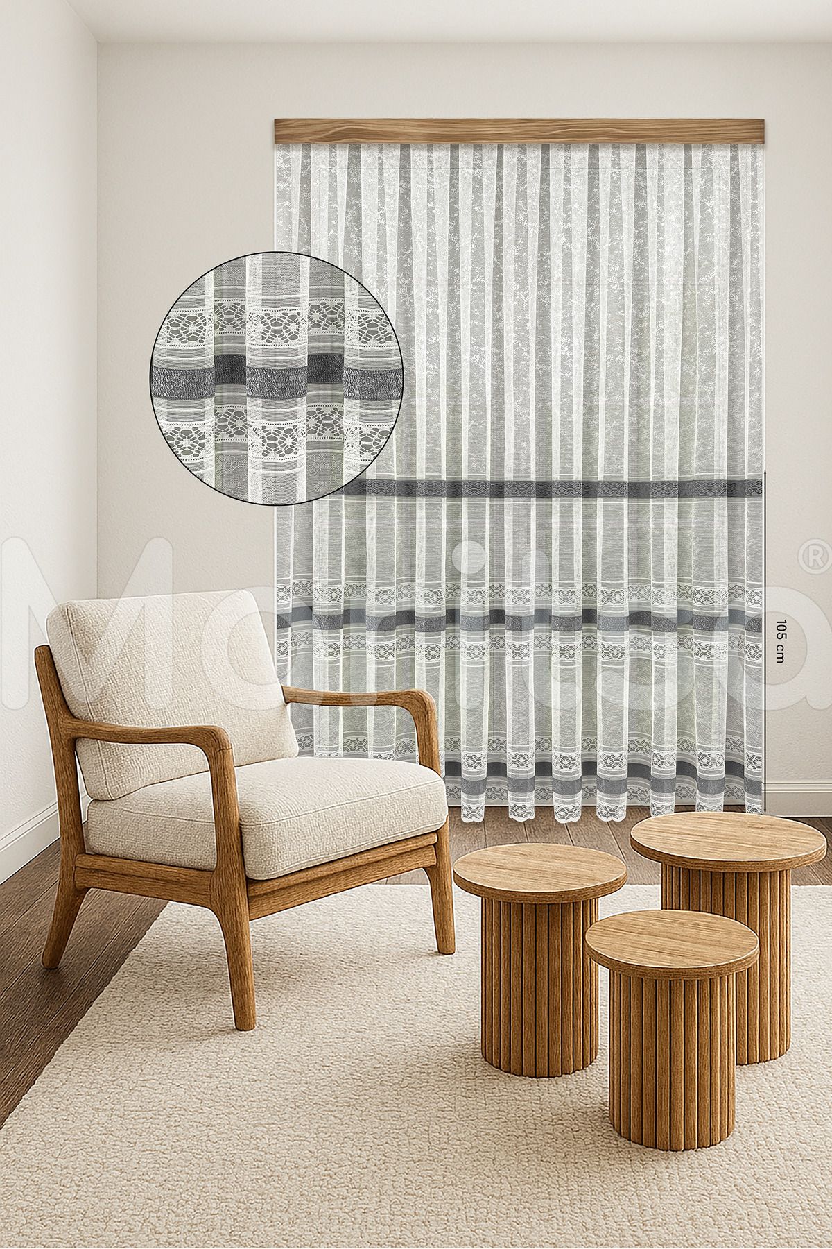 MARİTSA Tül Perde - Örme Serisi Modern Klasik Gri Dantel Detaylı Sera Desen Ekru Sık Pile(1x3) Curtain