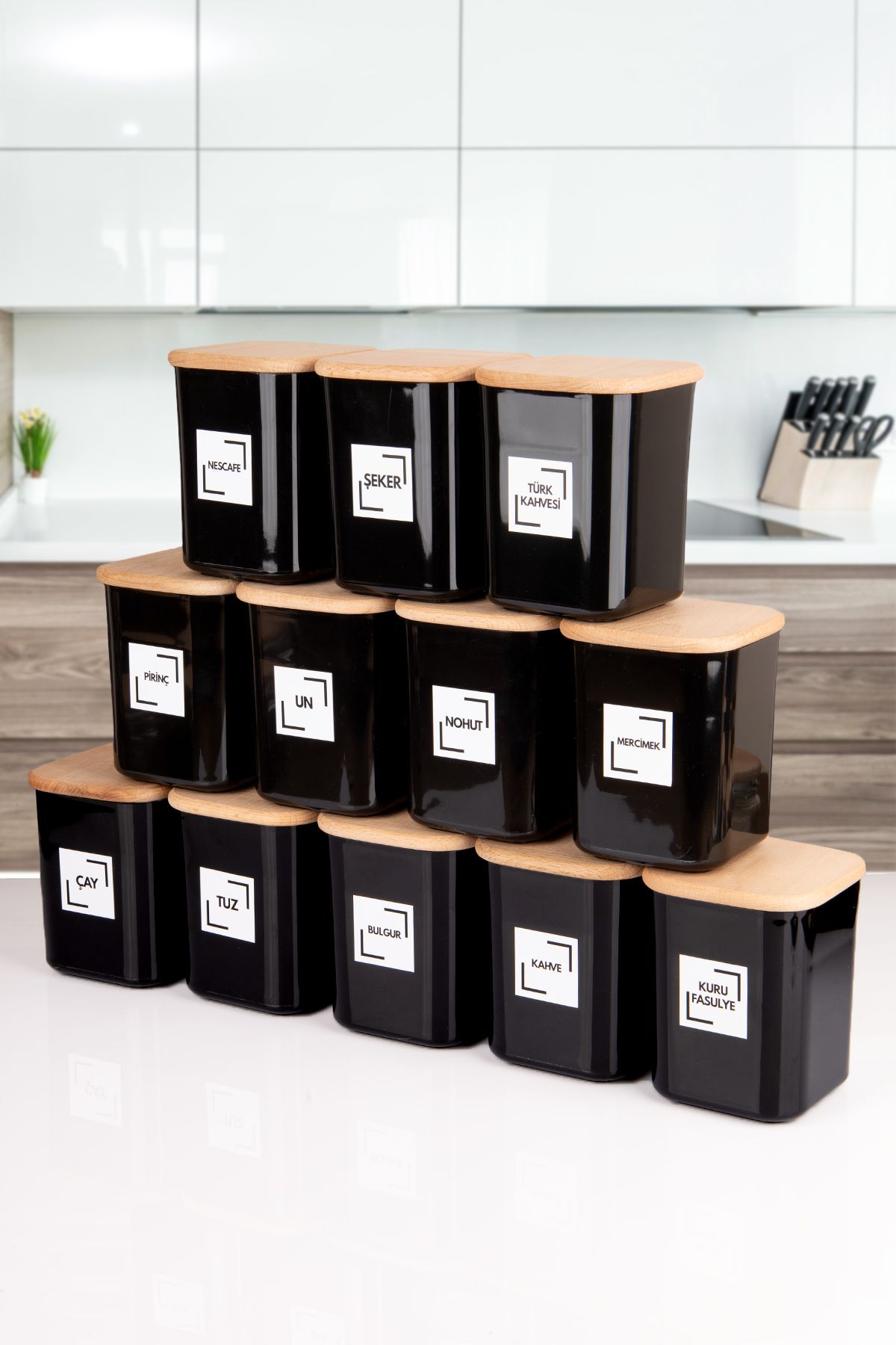 naturelove 12'Lİ 900 Ml Siyah Ahşap Vakumlu Kapaklı Akrilik Saklama Kavanozu Kabı ve Kutusu 900 ml ETİKETLİ