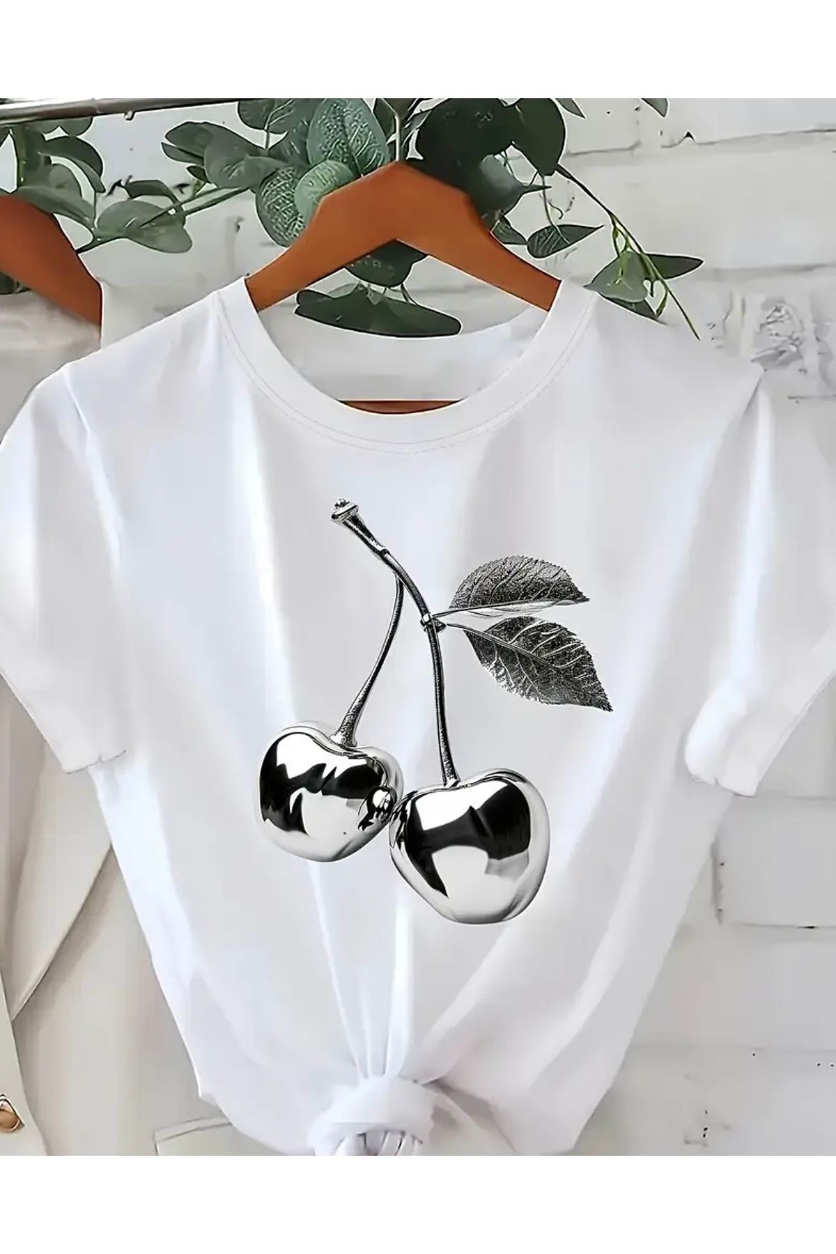 ABAS Kiraz baskılı 3D pamuklu kumaş T-shirt