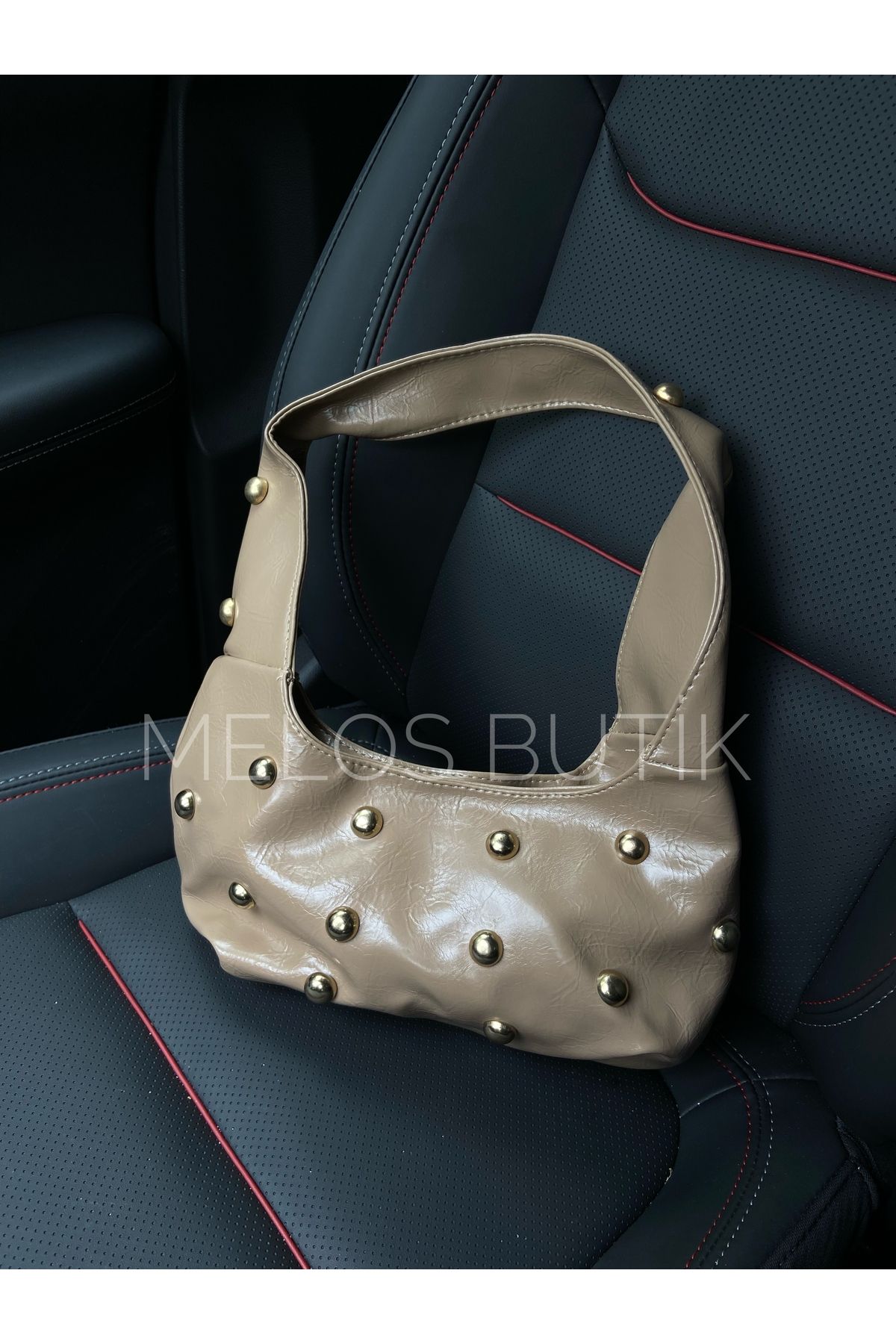 Melos Butik Kadın Vizon Zımba Detaylı Deri El Ve Omuz Çantası