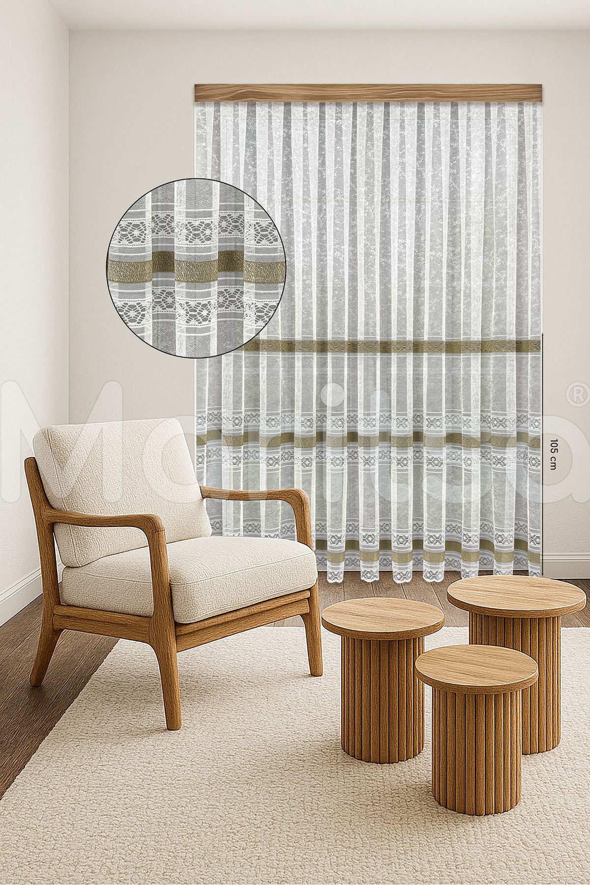 MARİTSA Tül Perde - Örme Serisi Modern Klasik Gold Dantel Detaylı Sera Desen Beyaz Sık Pile(1x3) Curtain