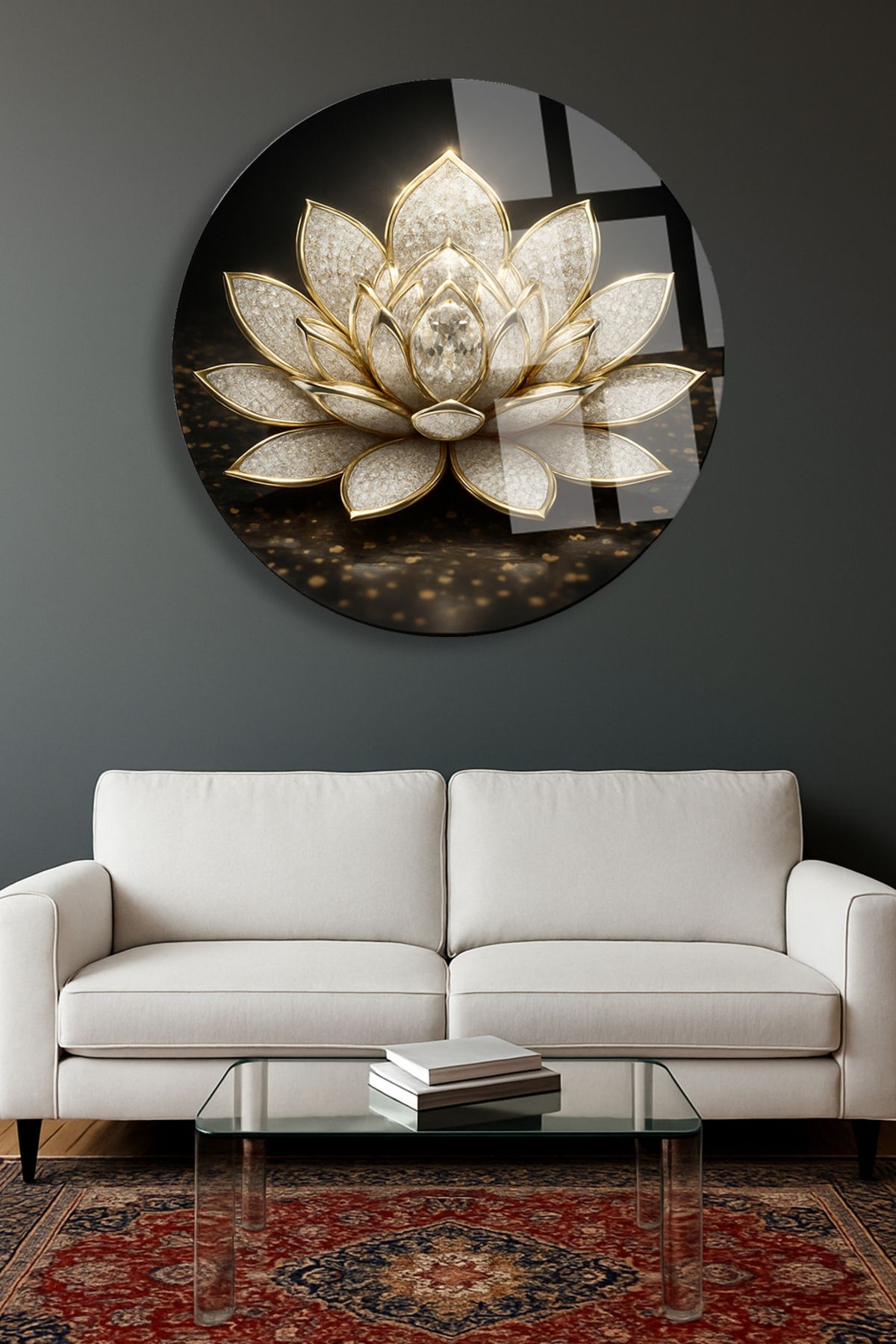TAULART BEYAZ ALTIN LOTUS ÇİÇEĞİ ULRTA CANLI RENKLER KIRILMAZ LÜKS MODERN YUVARLAK CAM TABLO EV HEDİYESİ