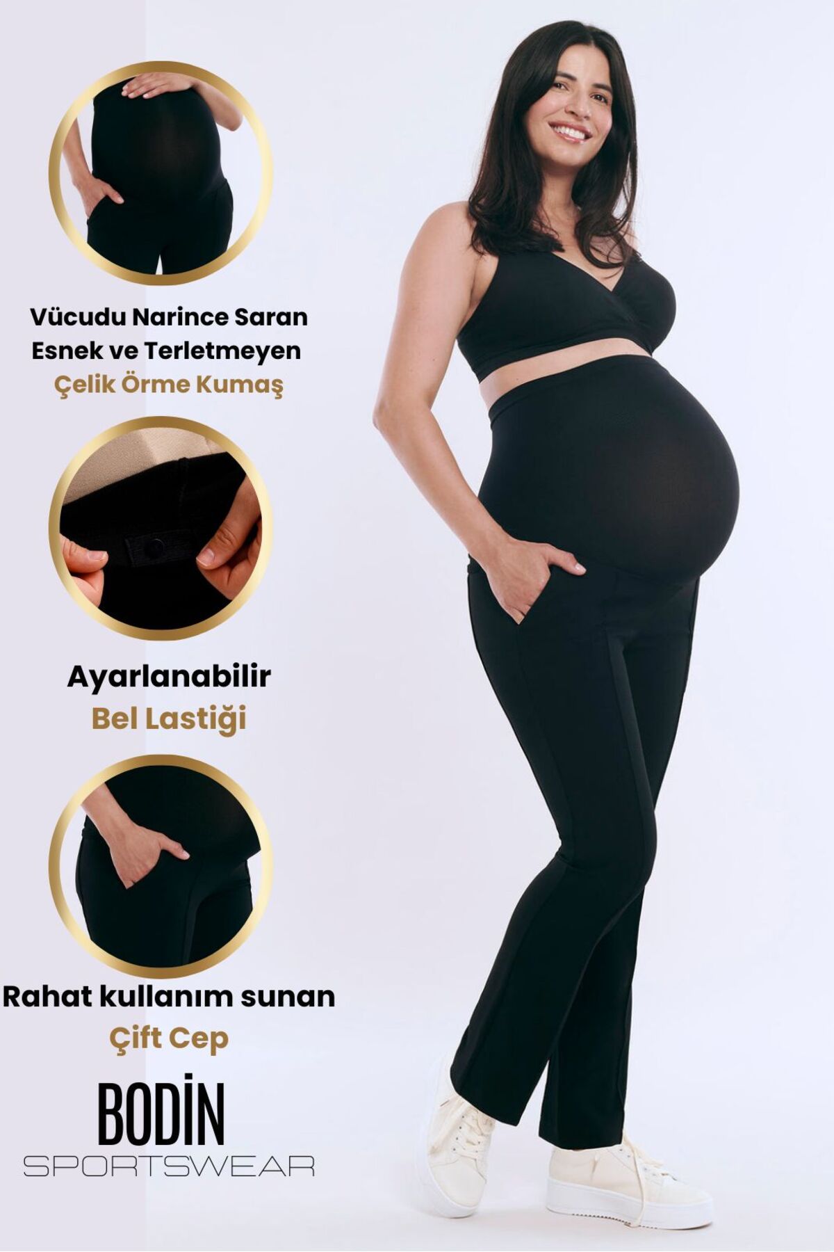 bodin Cepli Ayarlanabilir Yüksek Bel Esnek Çelik Örme Hamile Pantolonu
