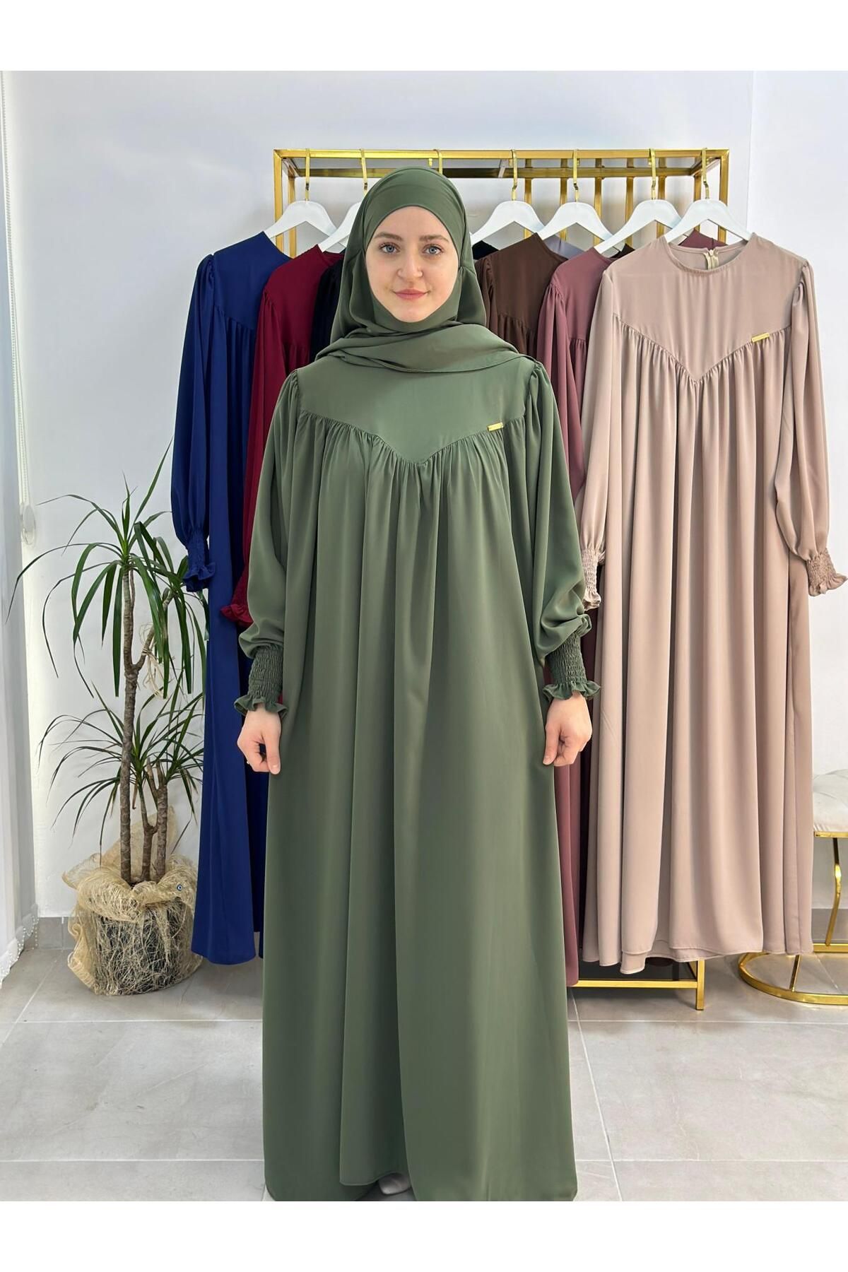 erasra class tesettür elbise,önü V model büzgülü,sufle esarpla takım.hijap ,khimar.hac umre için uygundur