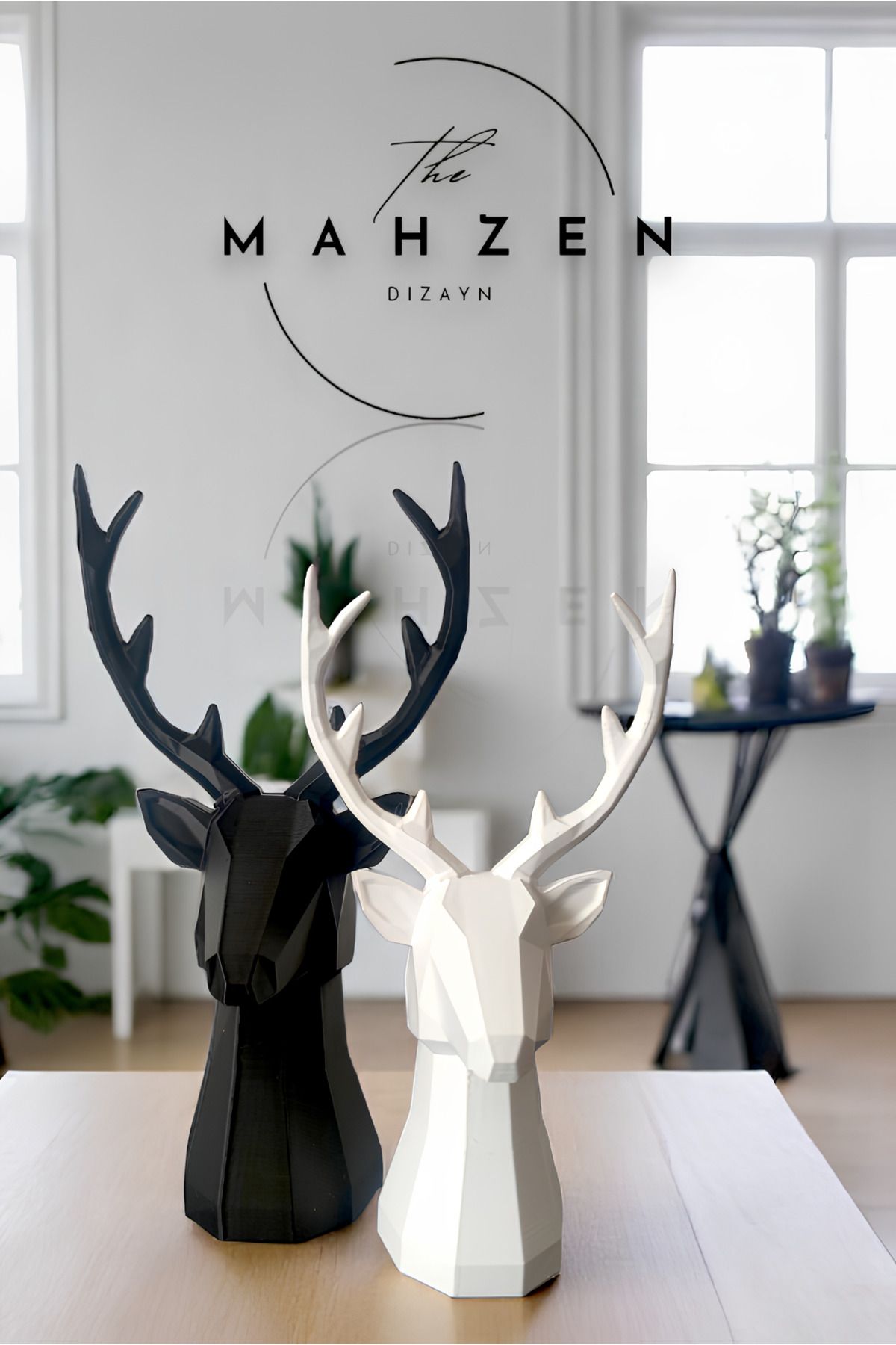 Mahzn Dizayn 2 li Set Geyik Figürlü Modern Dekoratif Hediyelik Biblo Siyah-Beyaz