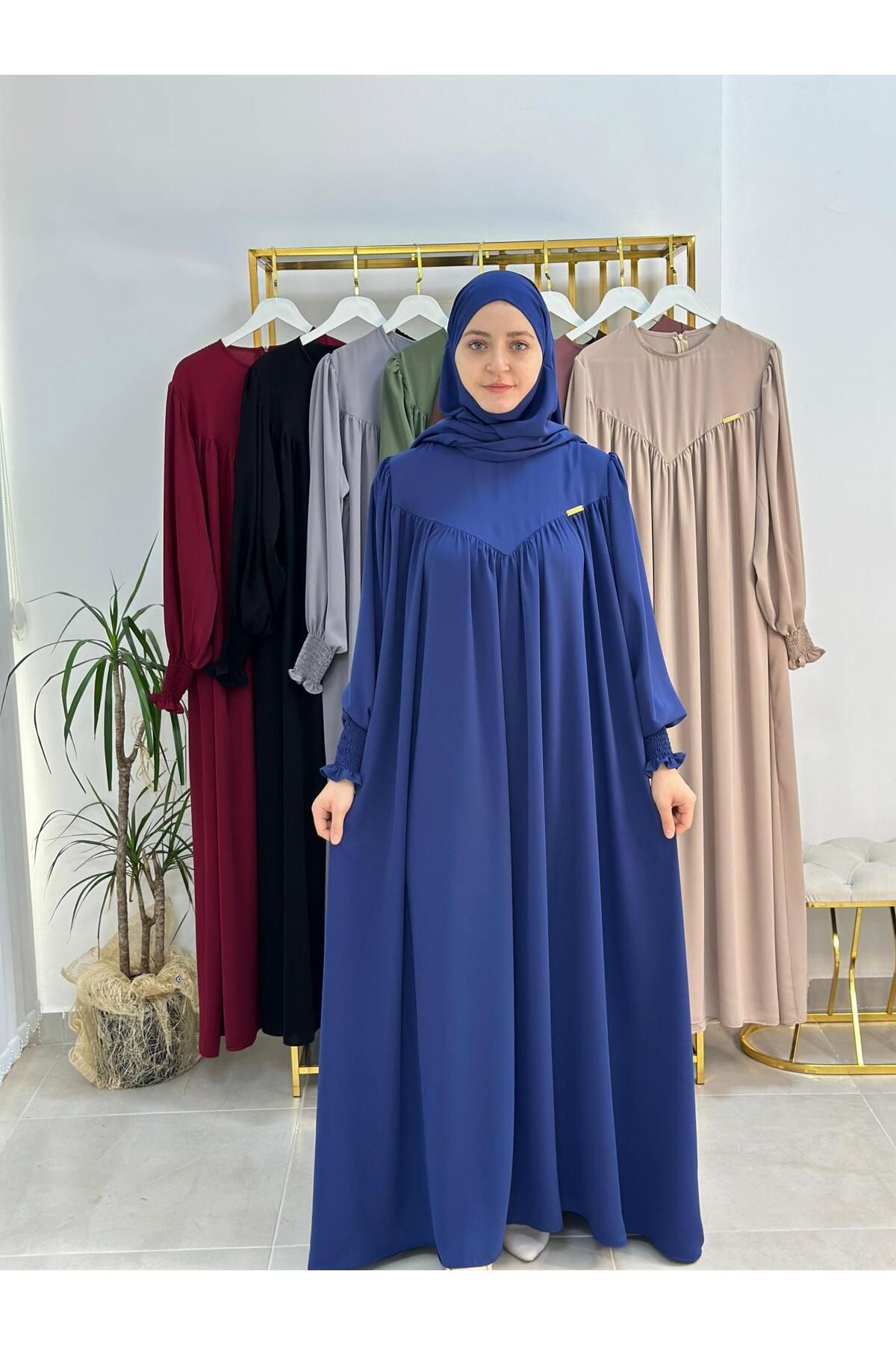 erasra class tesettür elbise,önü V model büzgülü,sufle esarpla takım.hijap ,khimar.hac umre için uygundur