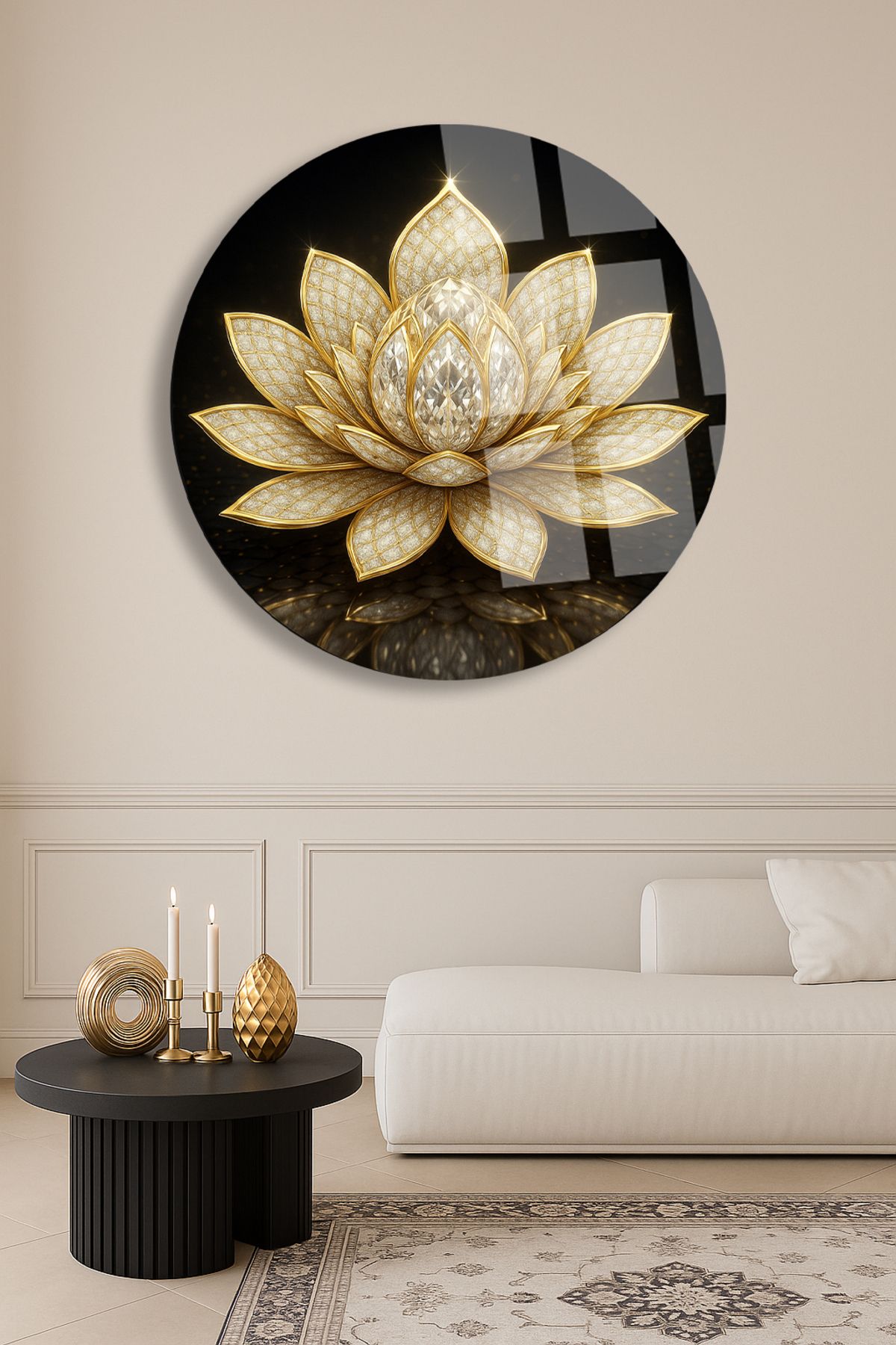 TAULART ALTIN ELMASLI LOTUS ÇİÇEĞİ ULRTA CANLI RENKLER KIRILMAZ LÜKS MODERN YUVARLAK CAM TABLO EV HEDİYESİ