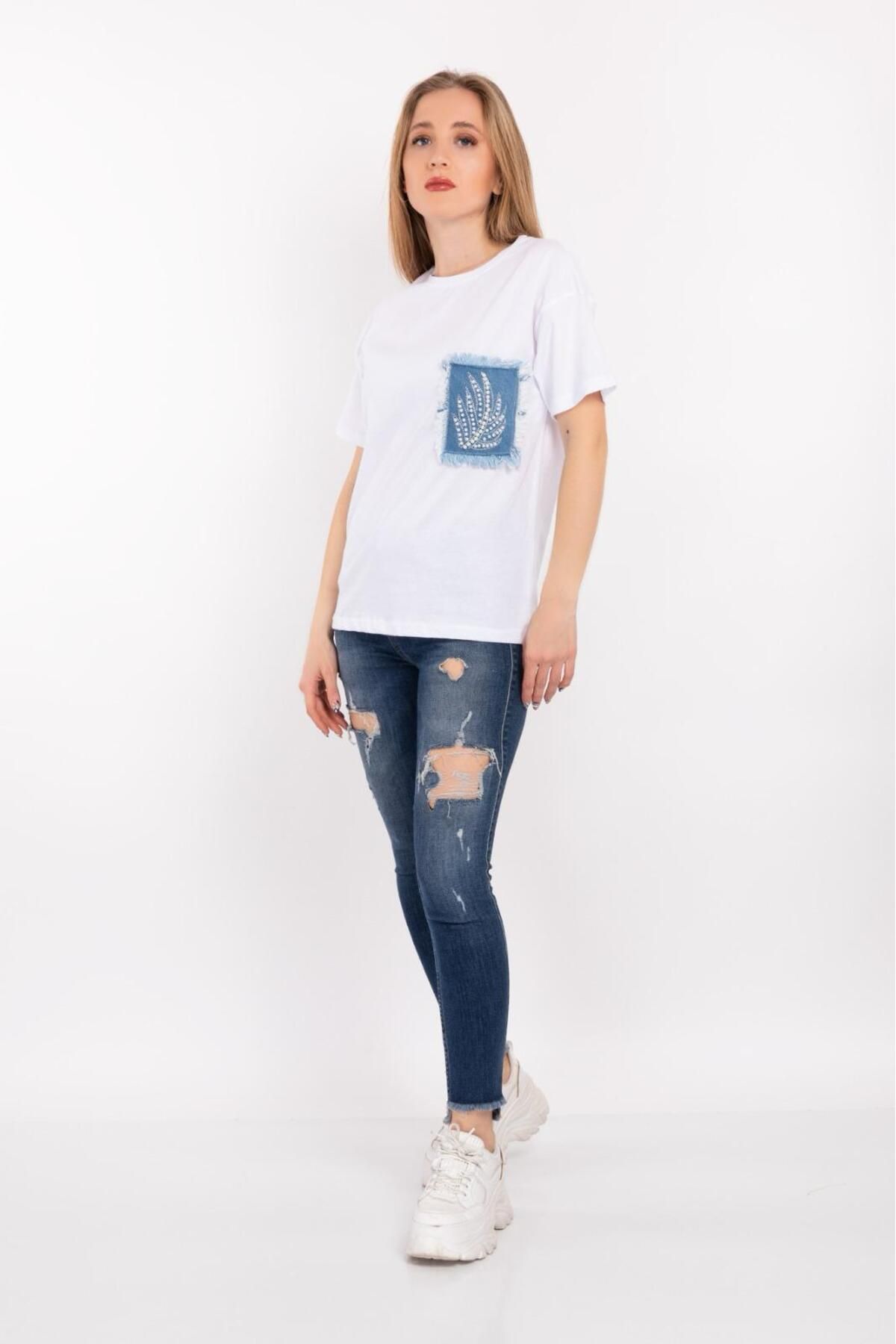 SRANU Kadın Kot Cep Tasarımlı T-shirt