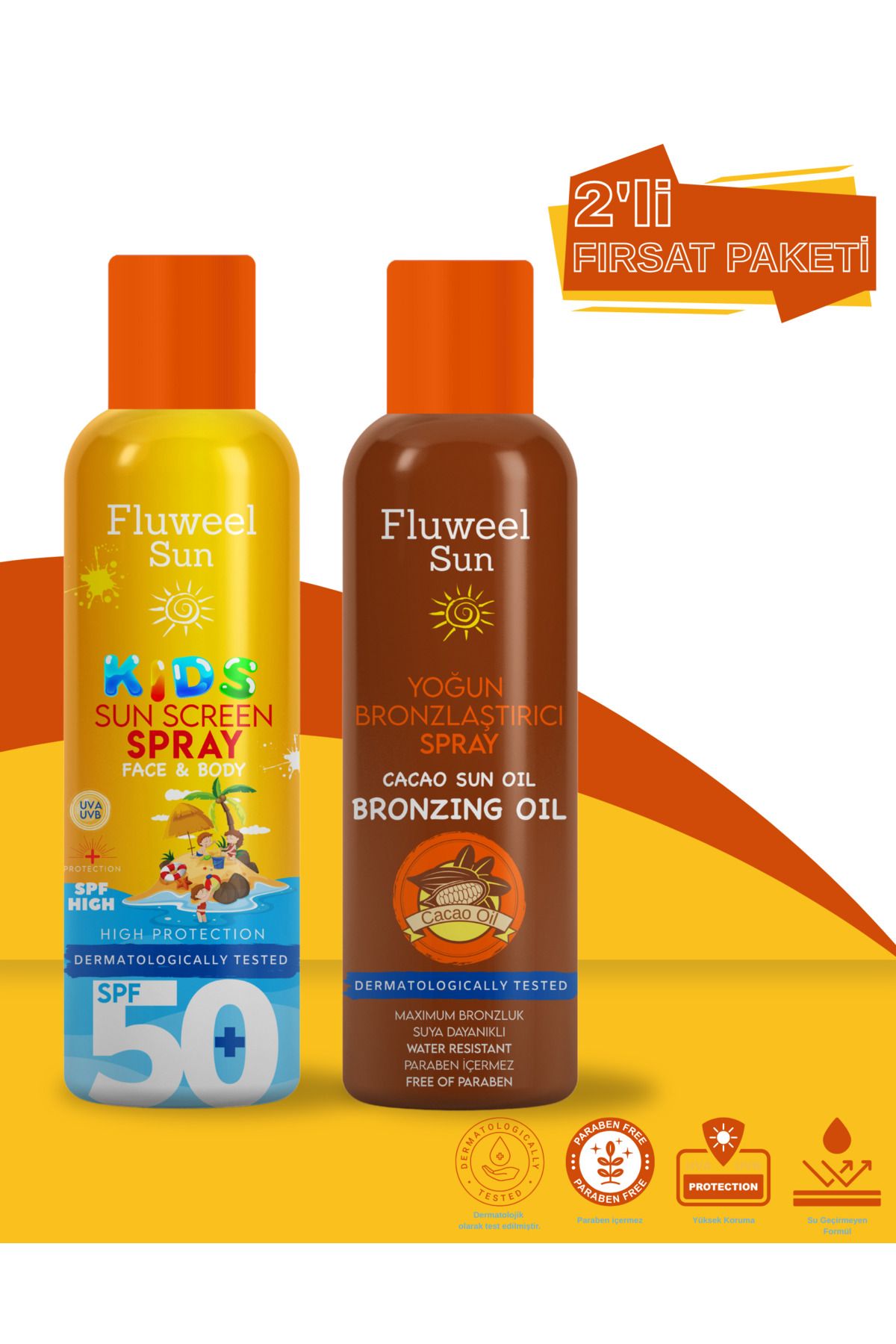 Fluweel Aerosol Çocuk Güneş Koruyucu Sprey 50+ Spf&Yoğun Bronzlaştırıcı Sprey Kakao Yağı 200 ml 2'li Paket