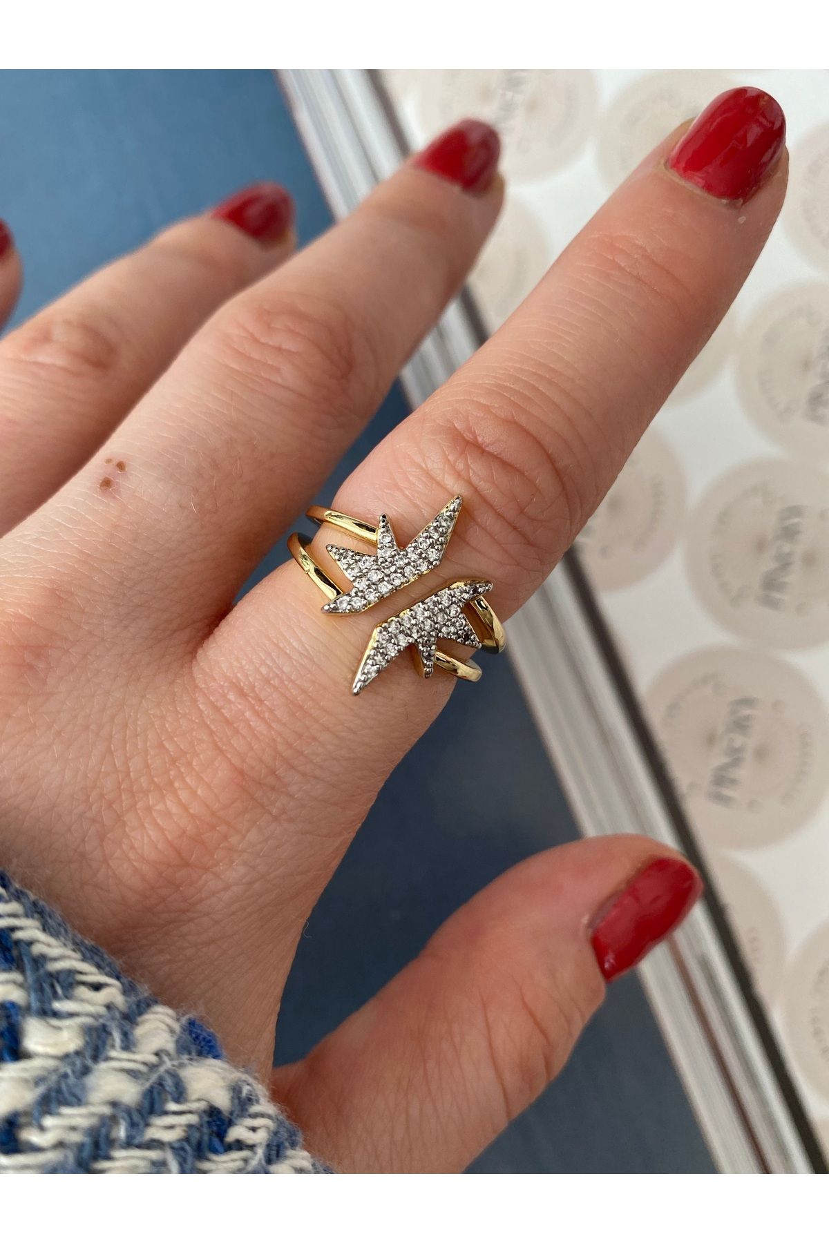 Pinery Jewels Zirkon Taşlı Yarım Yıldız Alttan Ayarlamalı Kadın Yüzük