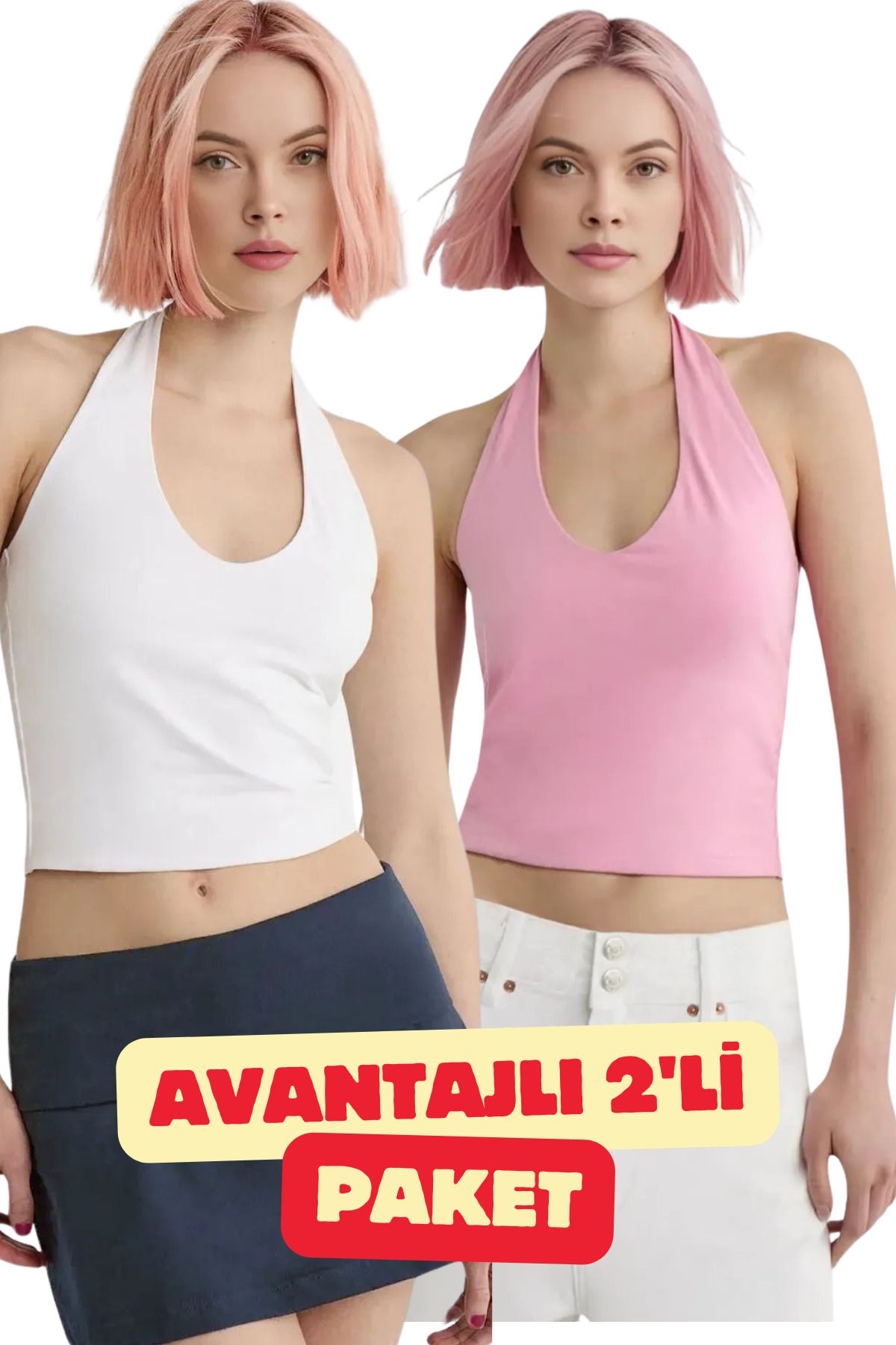 dgs dagıstanlı Kadın Beyaz-Pembe 2'Li Halter Yaka Crop Top