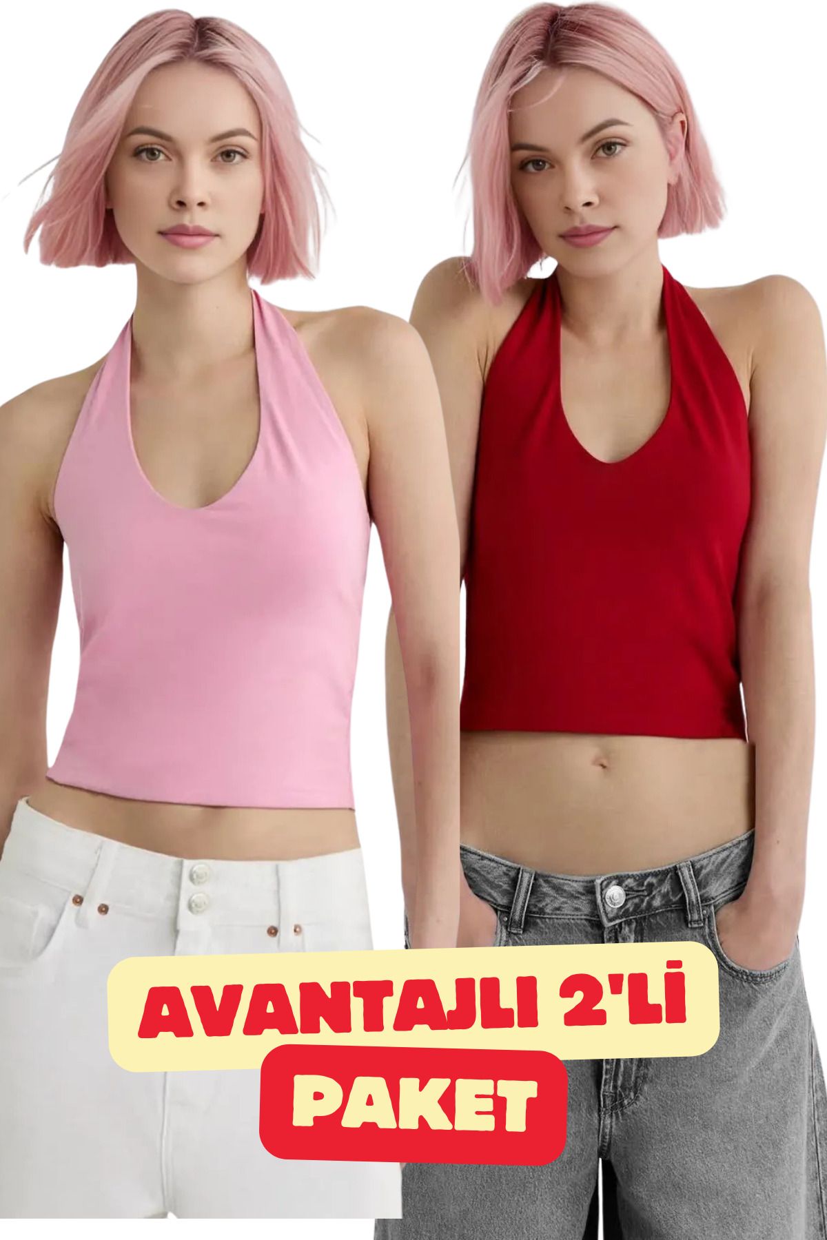 dgs dagıstanlı Kadın Pembe-Kırmızı 2'Li Halter Yaka Crop Top