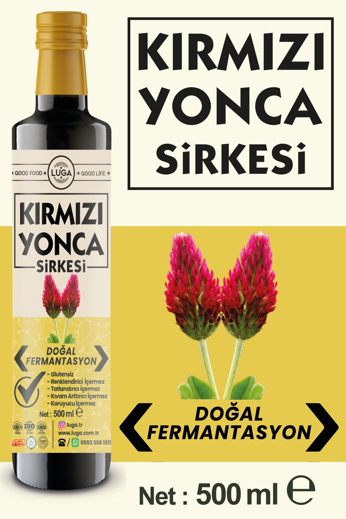 Luga Kırmızı Yonca Sirkesi 500 ml - Doğal Fermantasyon, Katkısız, Glutensiz, Koruyucu İçermez