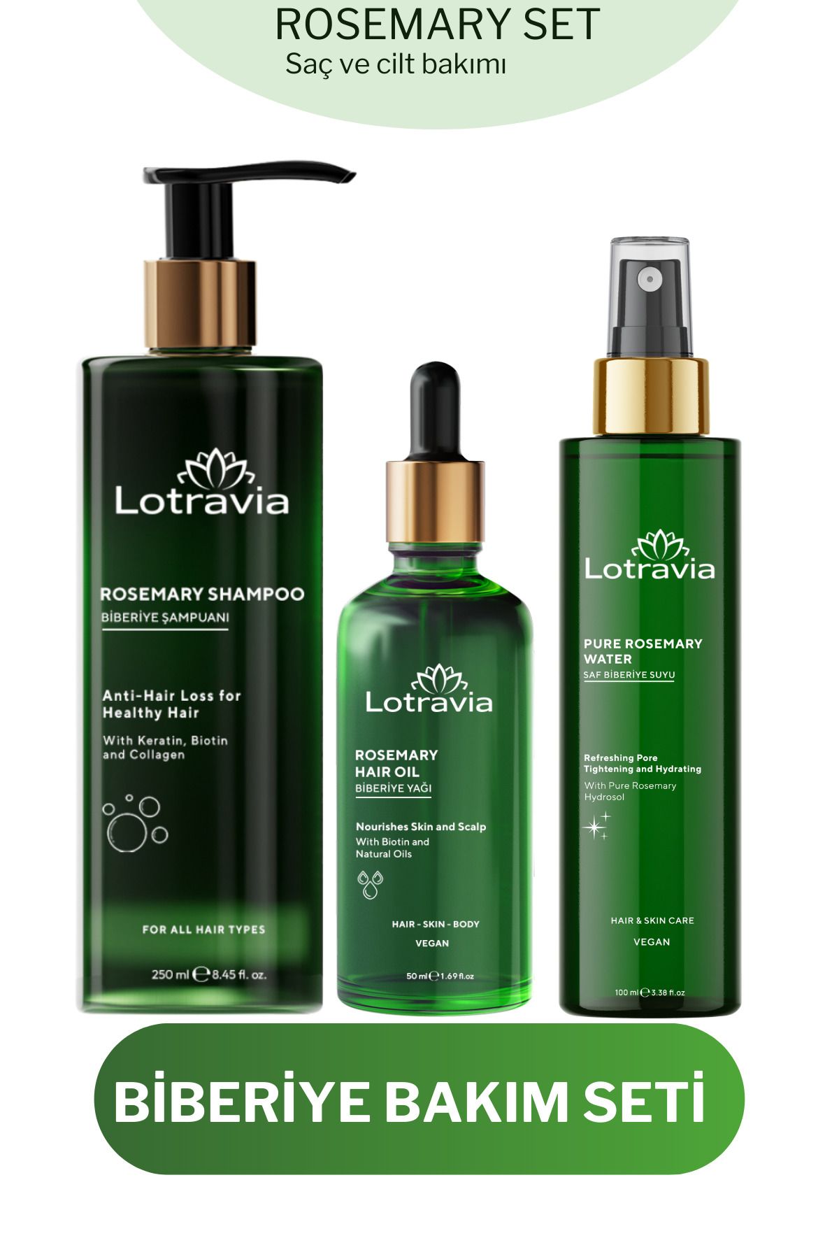 Lotravia 3’lü Biberiye Bakım Seti – Biberiye Yağı + Biotinli Biberiye Şampuan + Biberiye Tonik –