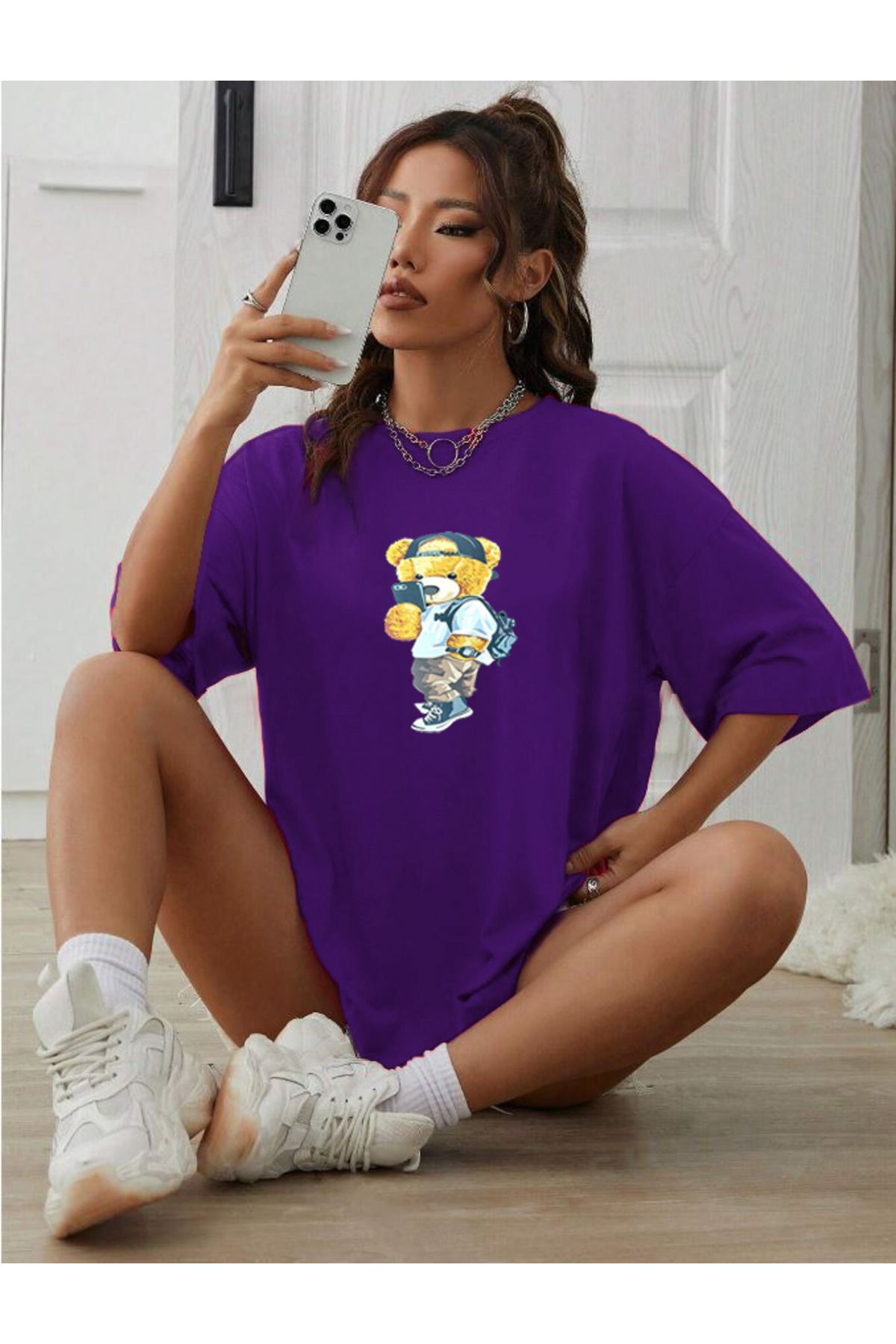 ModaSphere Unisex Peluş Ayı Baskılı Bisiklet Yaka Tshirt