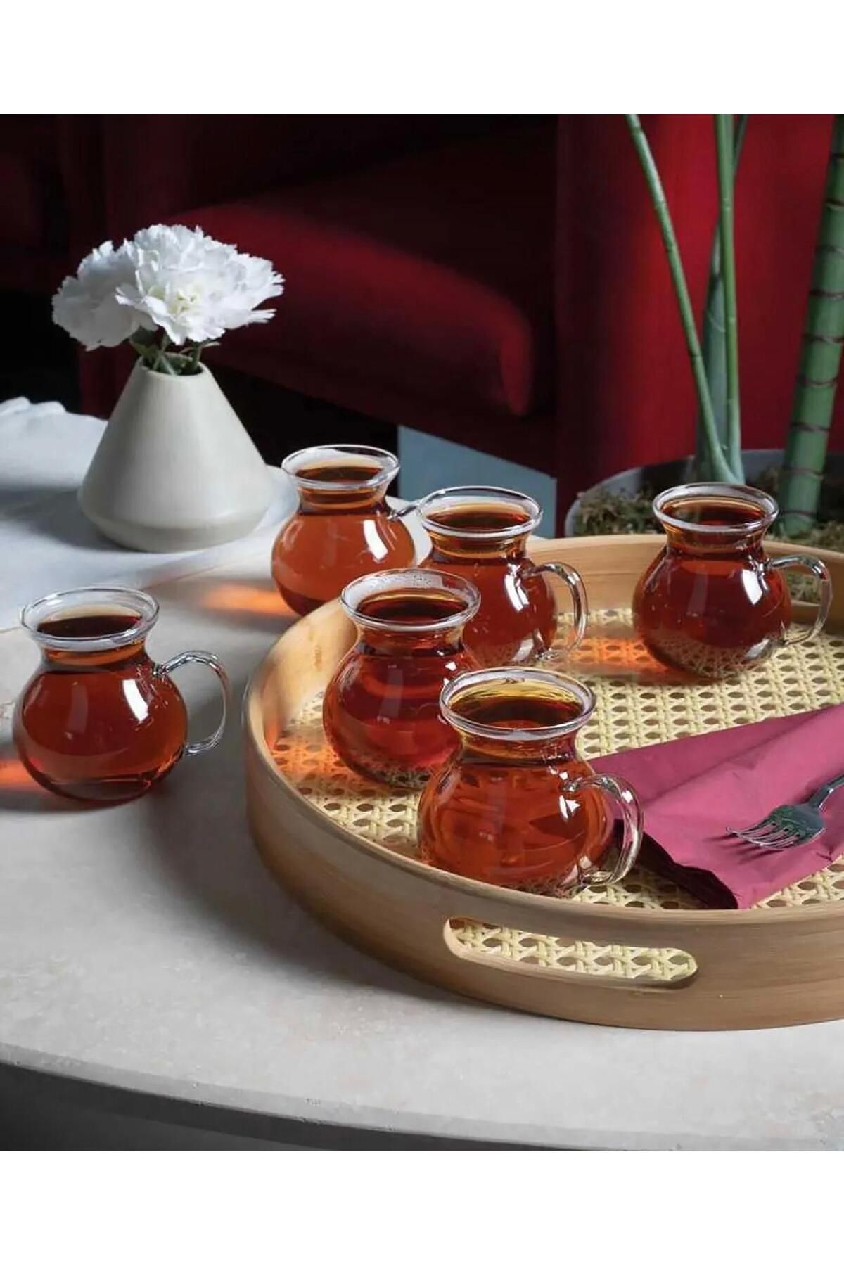 KARALYAN 6 Kişilik Keyfi Ala Borosilikat Cam Kulplu Çay Bardağı 200ml