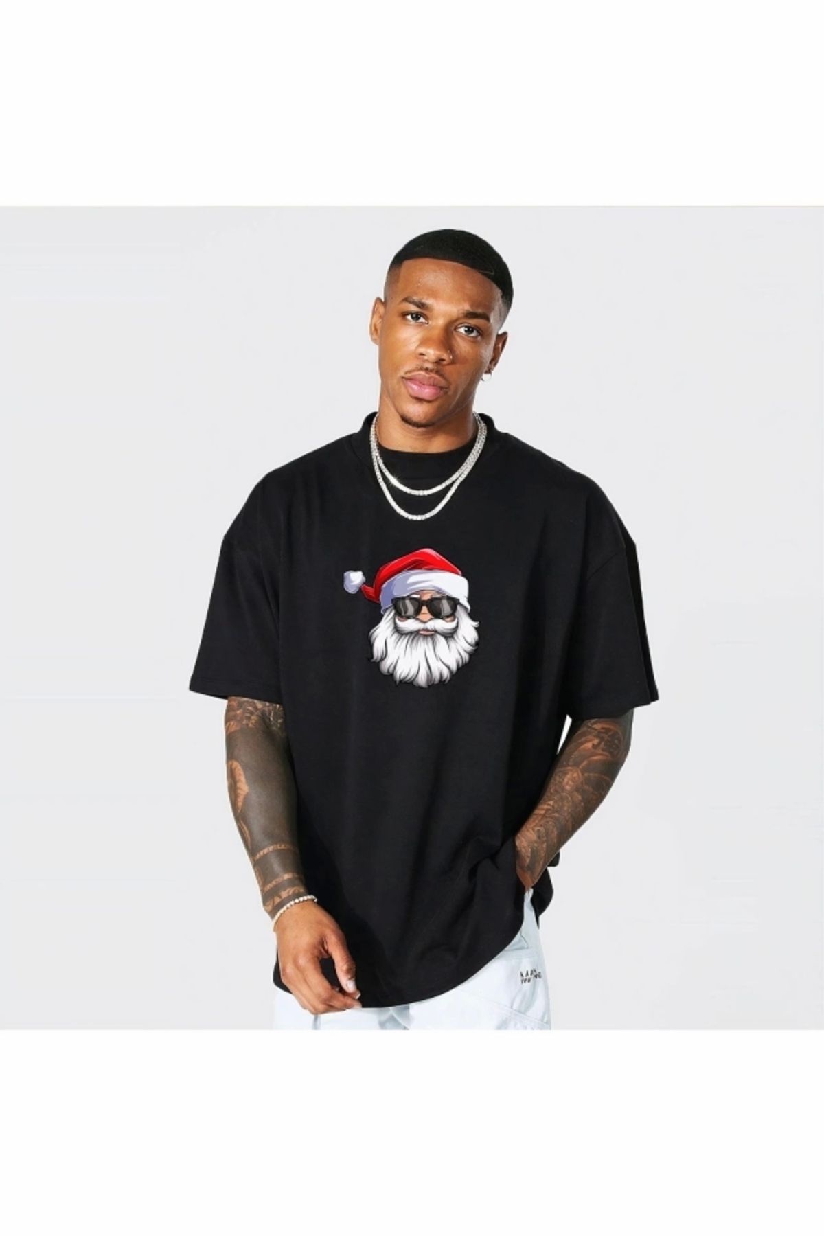 Kaplan Gözlüklü Noel Baba T-shirt - Siyah