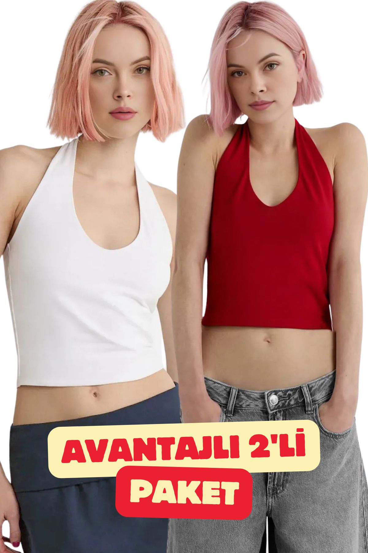 dgs dagıstanlı Kadın Beyaz-Kırmızı 2'Li Halter Yaka Crop Top