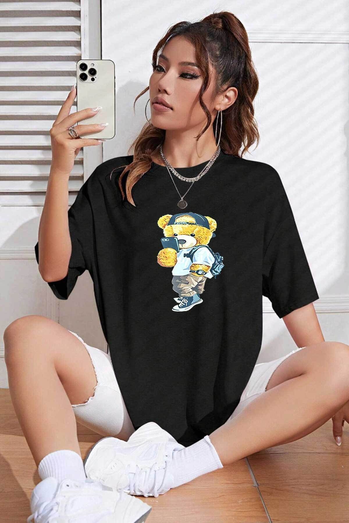 ModaSphere Unisex Peluş Ayı Baskılı Bisiklet Yaka Tshirt
