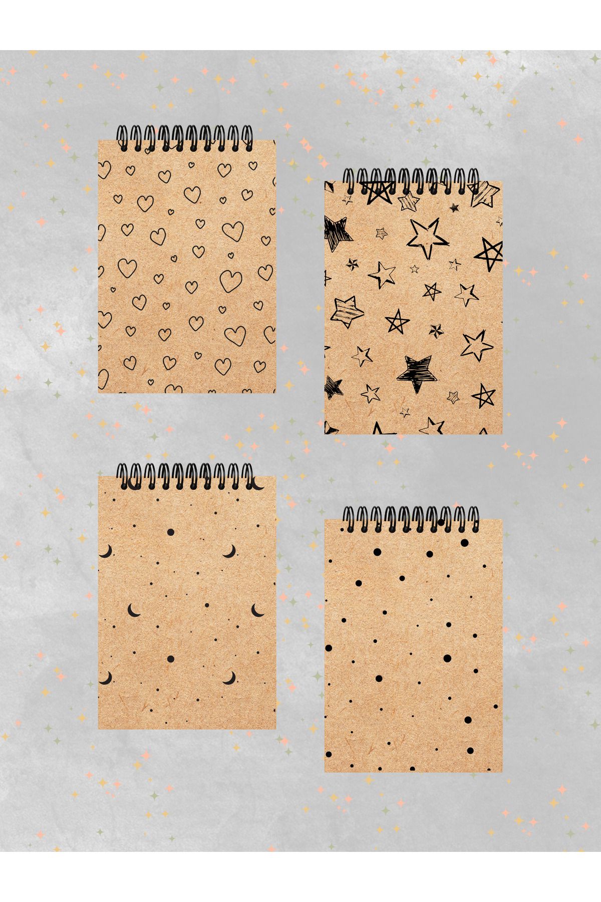 Ez&Tu Stıcker 4'lü Defter Set 10 X 13,5 Cm Kareli Defter Kraft Kapak Spiralli Defter Notebook