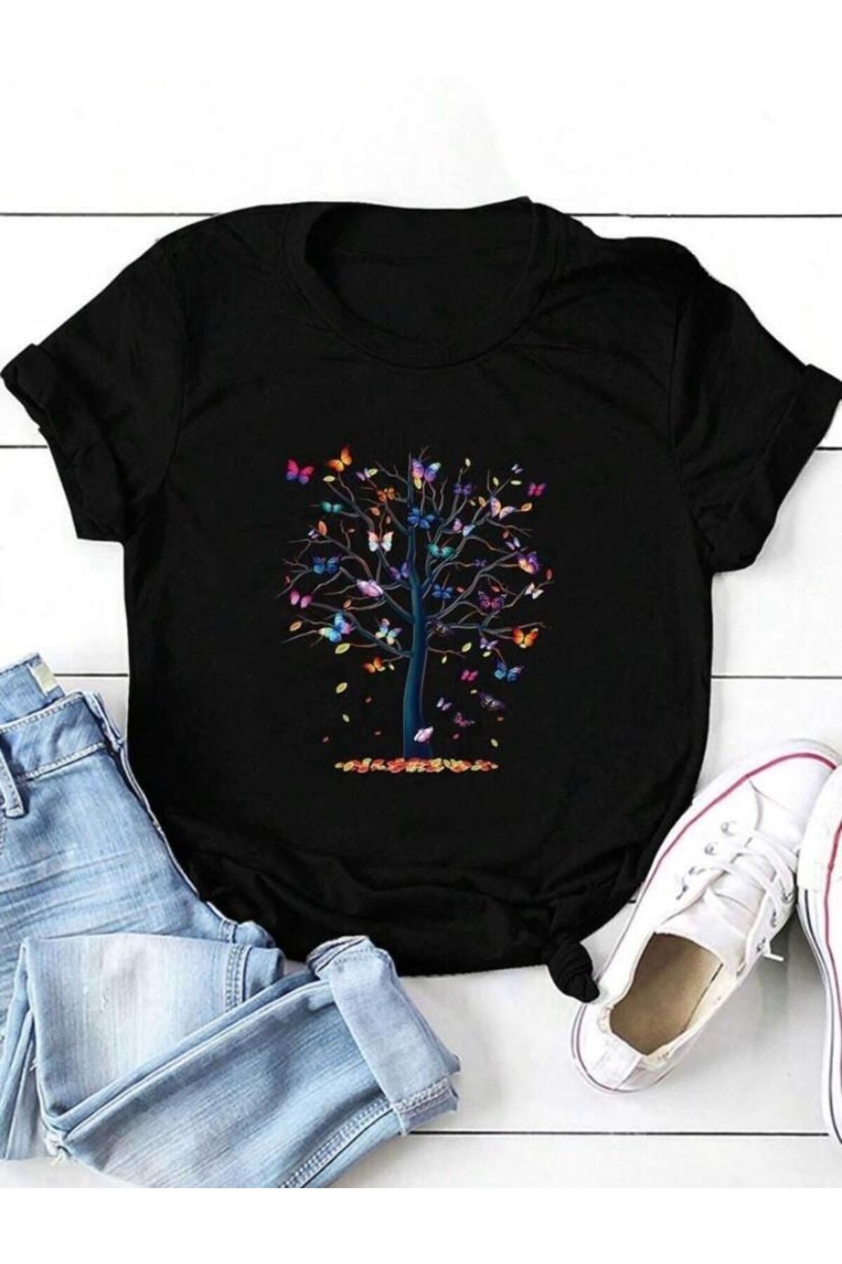 ModaSphere Mini Kelebekler Baskılı Basic T-shirt