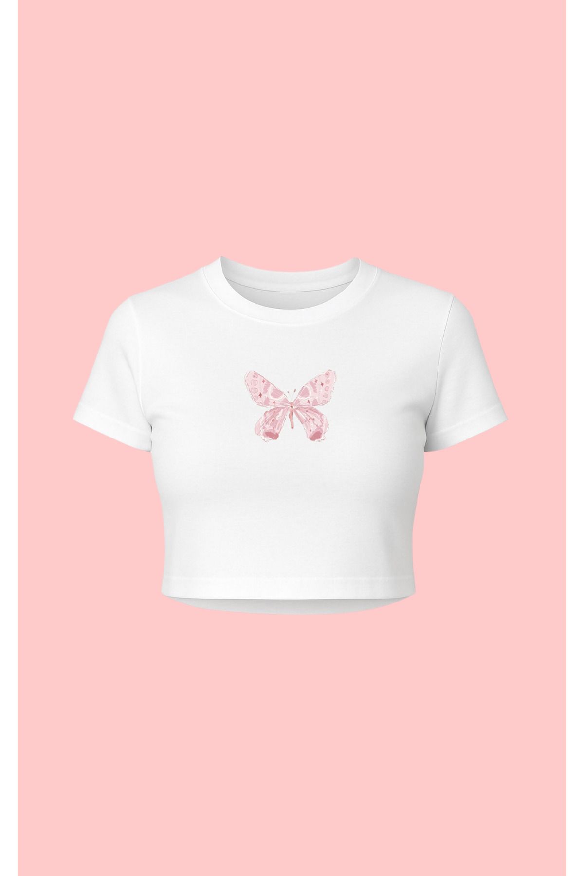Altair Tr Beyaz Pembe Kelebek Baskılı pinterest tarzı crop tshirt