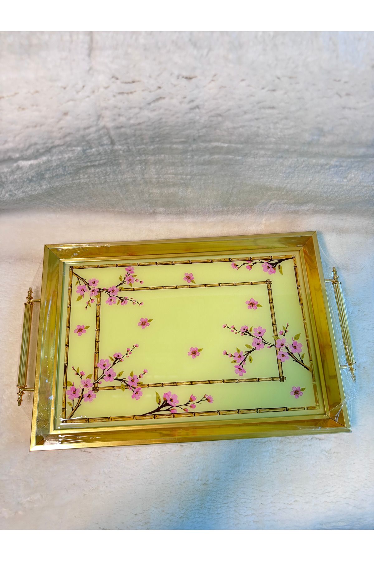 Glow Ay Lüks 6 Kişilik Ahşap Çerçeveli Çay Ve Kahve Sunum Tepsisi, Pembe Çiçek Desenli Tepsi
