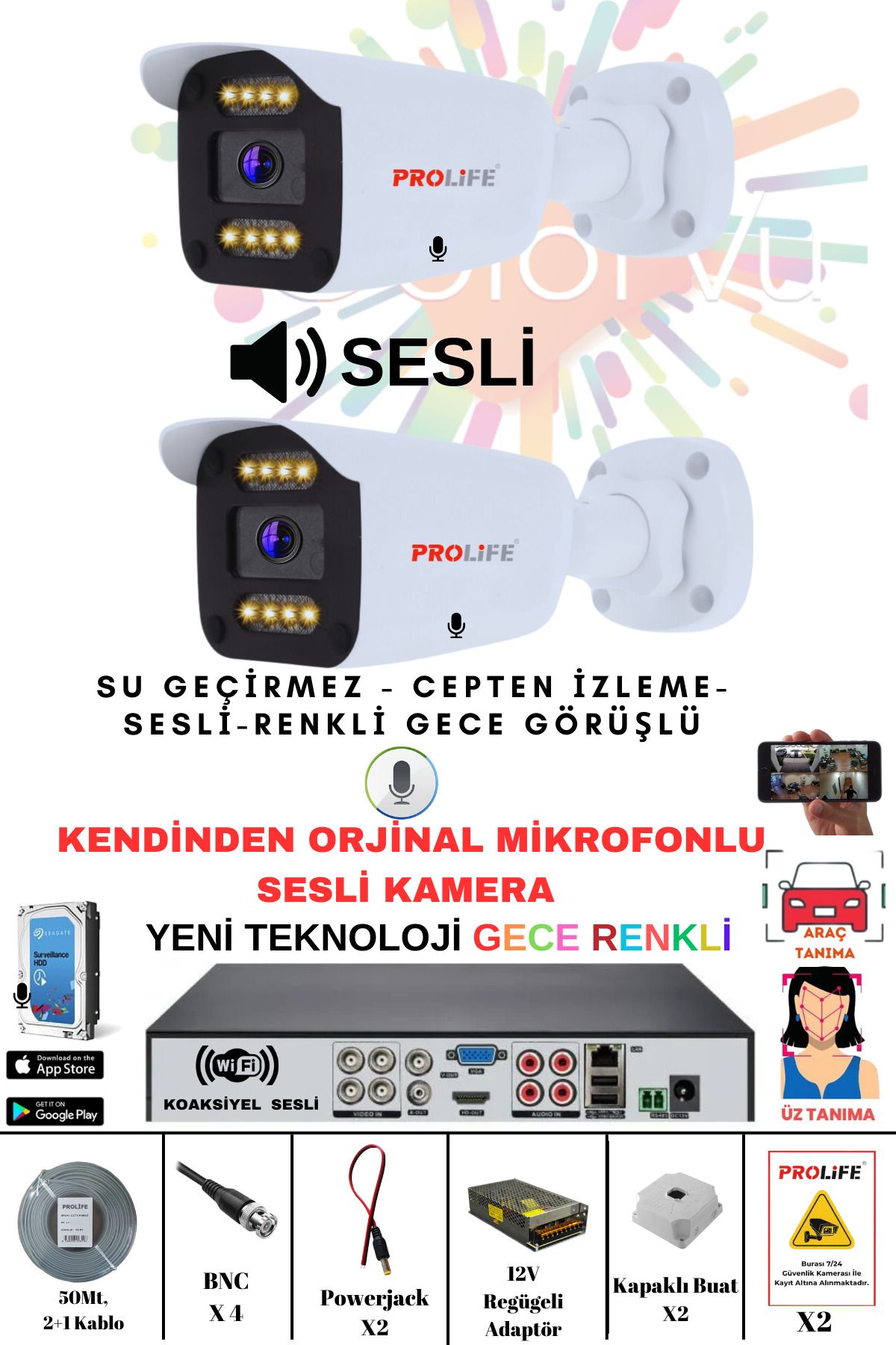 PROLİFE 2 Li Sesli Güvenlik Kamerası 5 Mp Gece Renkli Yüz Ve Araç Tanımalı Full Hd Kamera Sistemi