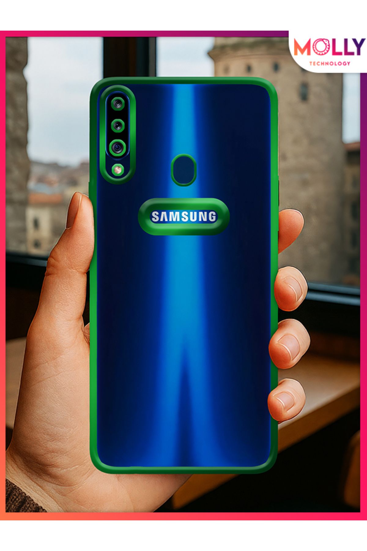 Molly Samsung Galaxy A20s İçin Kenarları Zehir Yeşili Lens Koruyuculu Lou Lazer Şeffaf Silikon Kılıf