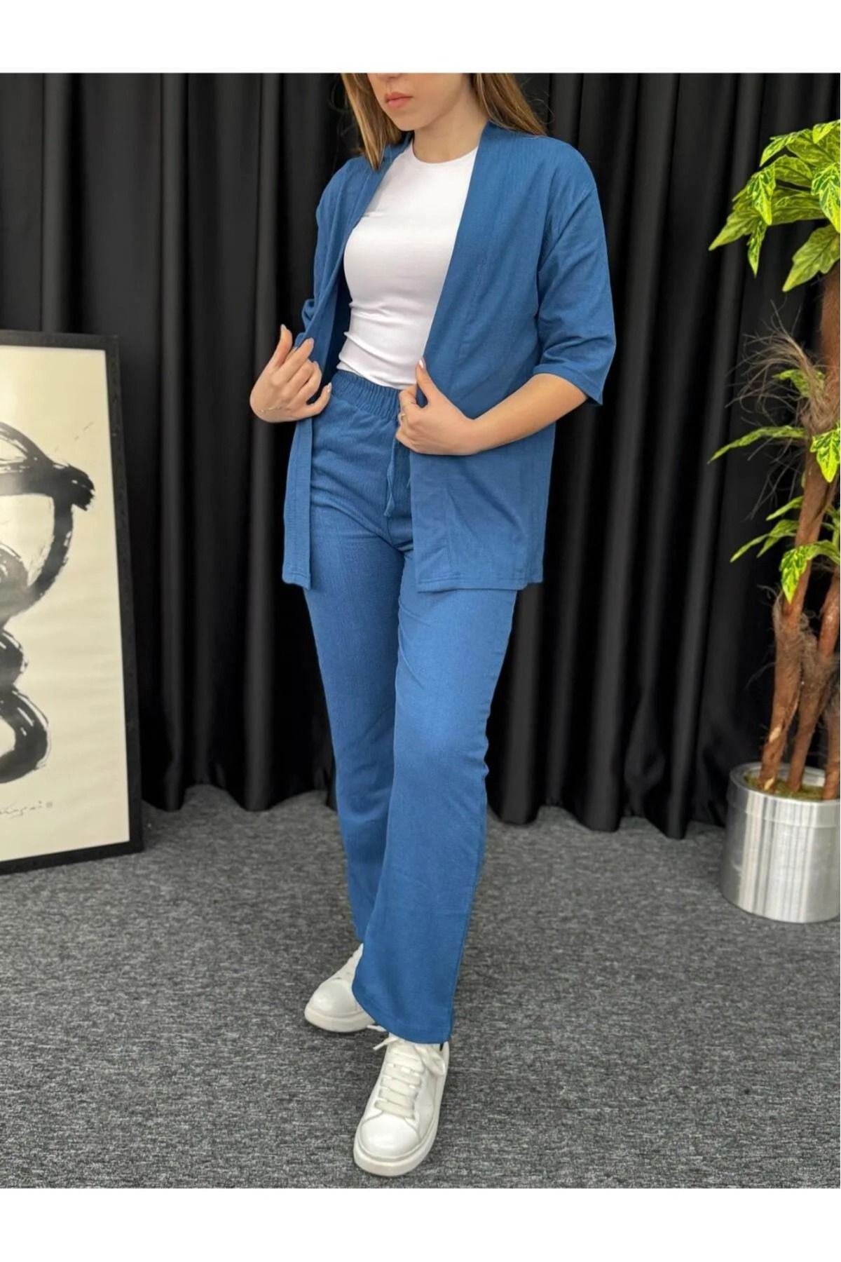 JAMPY Kadın Keten Takım Özel Tasarım Kimono Bürümcük Kumaş Alt Üst Önü Açık Takım