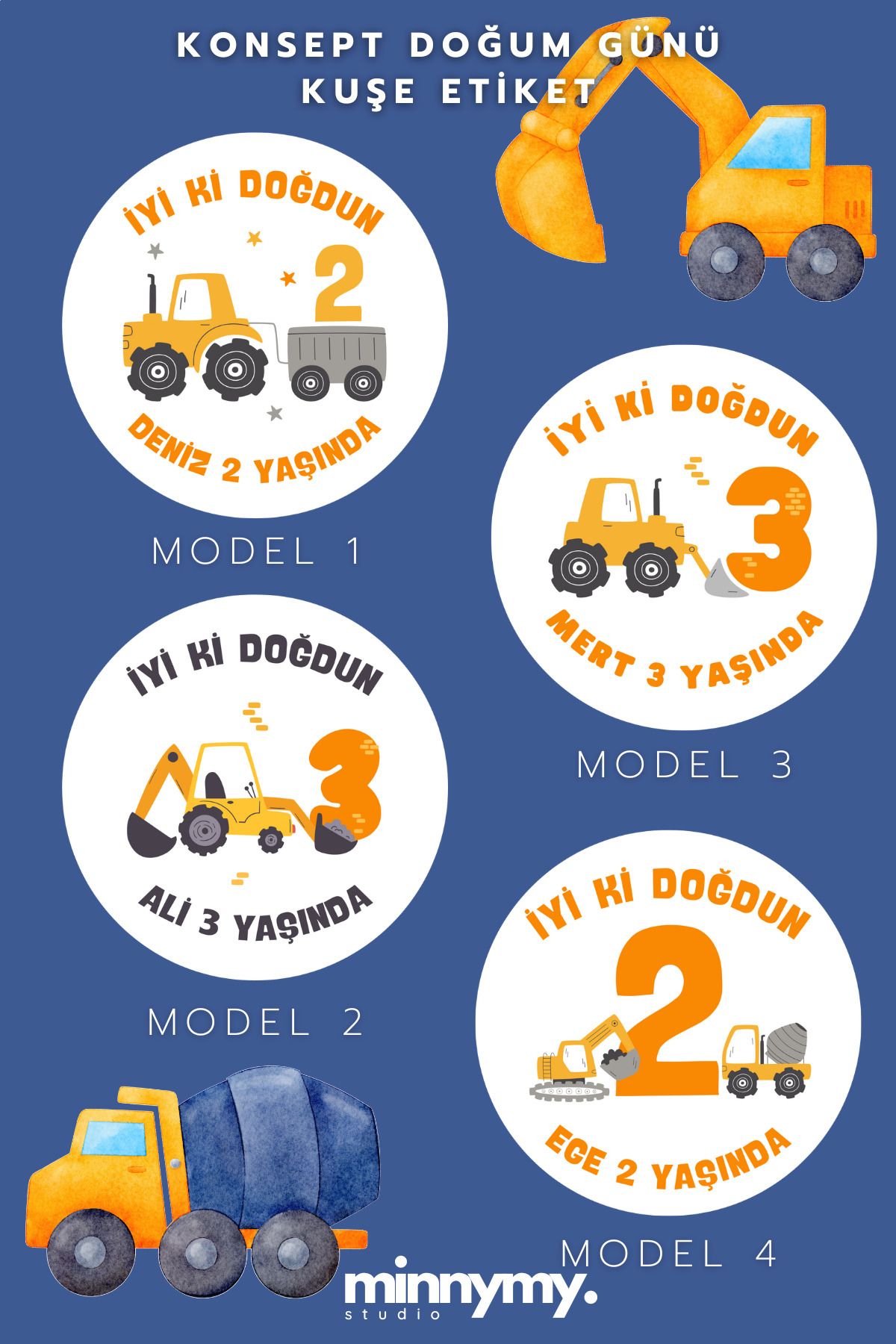 Minnymy İnşaat Konsept Doğum Günü Sticker, Çıkartma, Etiket, İnşaat, Dozer, Çocuk Doğum Günü Etiketi
