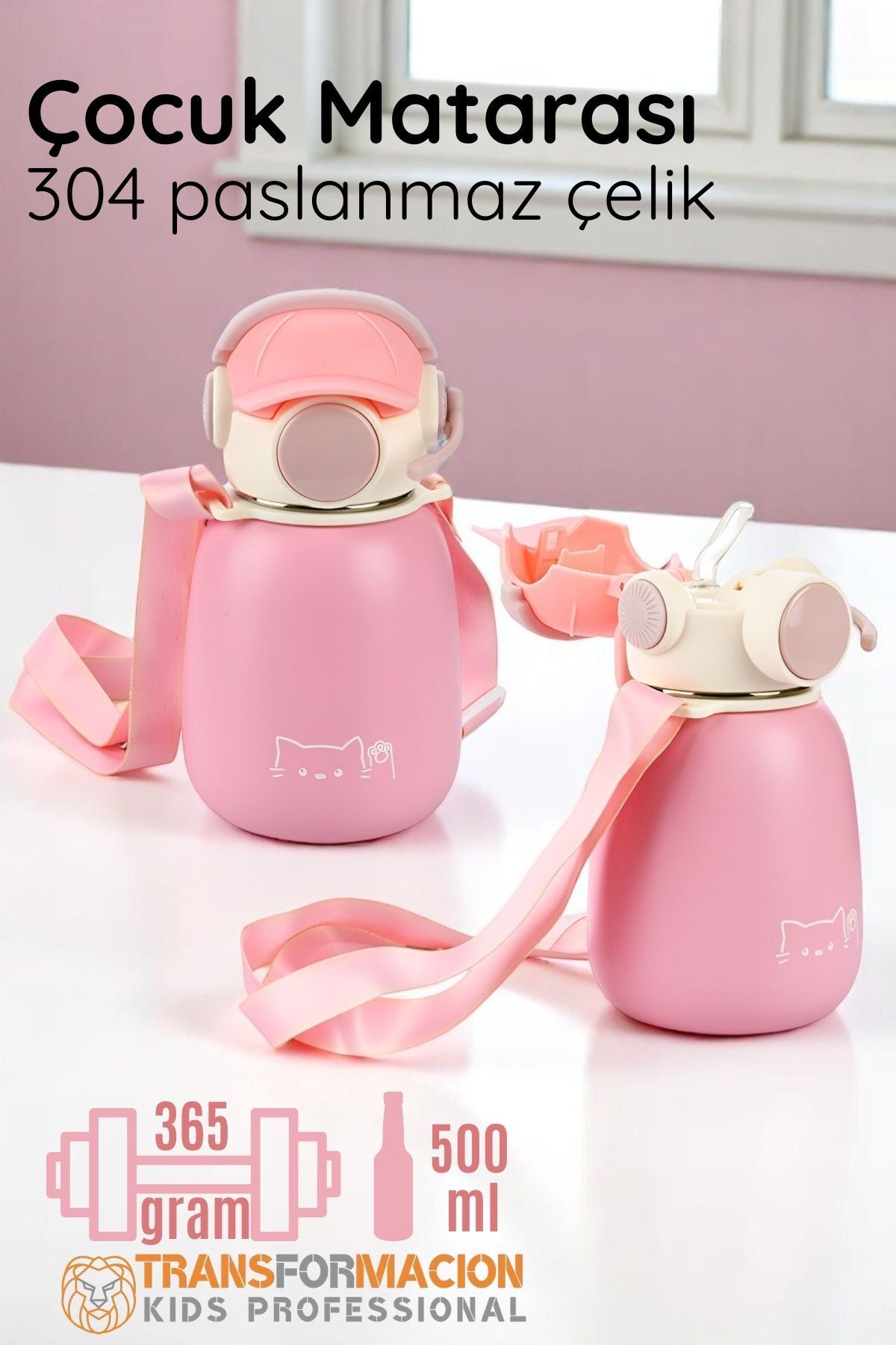 Transformacion Inox Çelik Hafif Çocuk Matarası 500 ml KAPASİTELİ 721717 Pembe