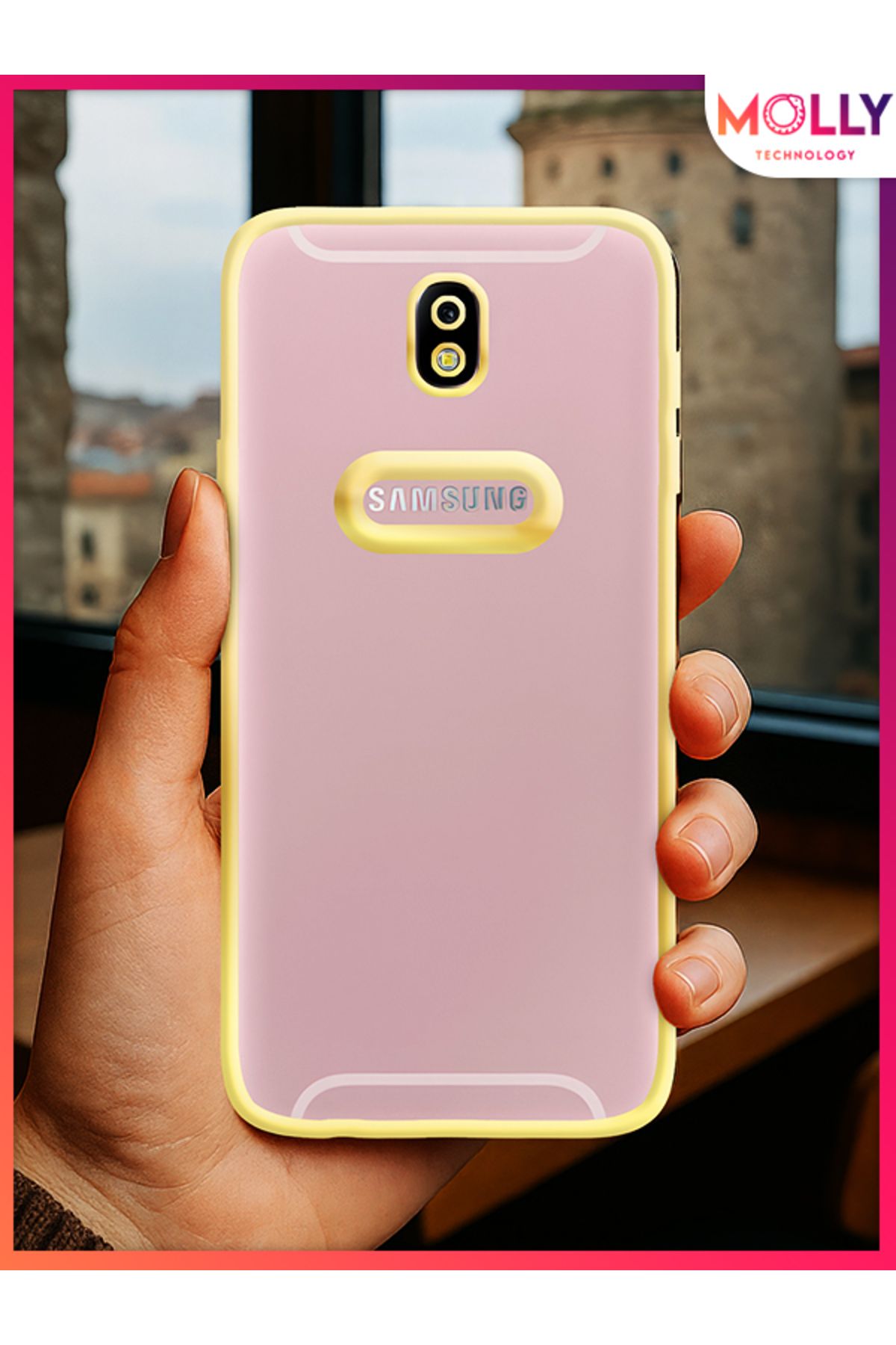 Molly Samsung Galaxy J7 PRO İçin Kenarları Gold Lens Koruyuculu Lou Lazer Şeffaf Silikon Kılıf