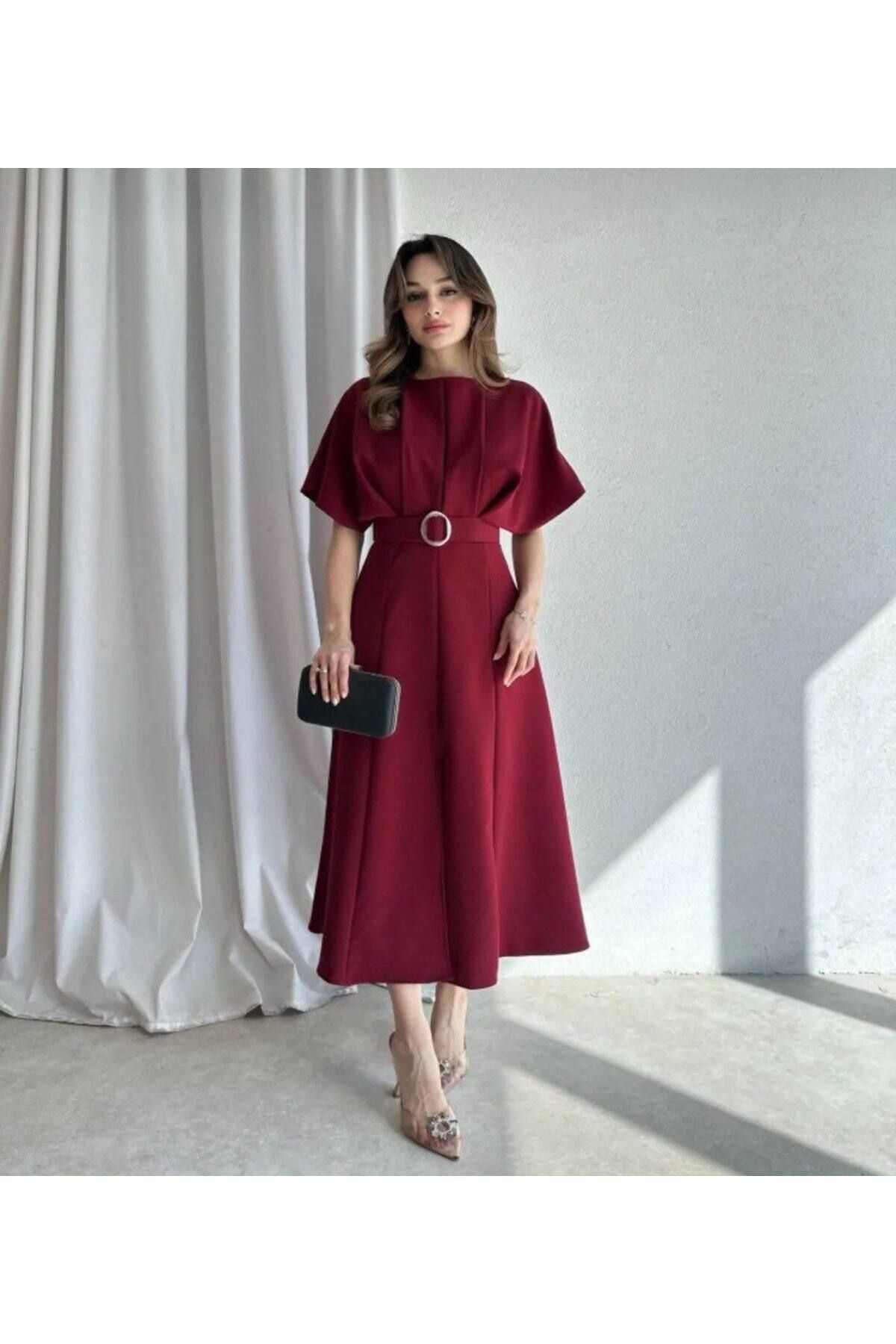 Ahzem Collection Yarasa Kol Midi Elbise kemer dahil