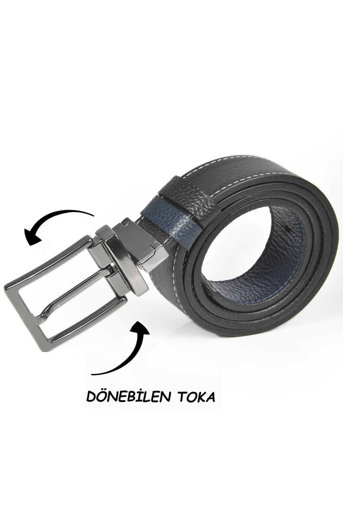 Rizz up Erkek Siyah-LacivertÇift Taraflı Hakiki Deri Spor Kemer Dönen Tokalı 4 cm Deri Kemer 2502630