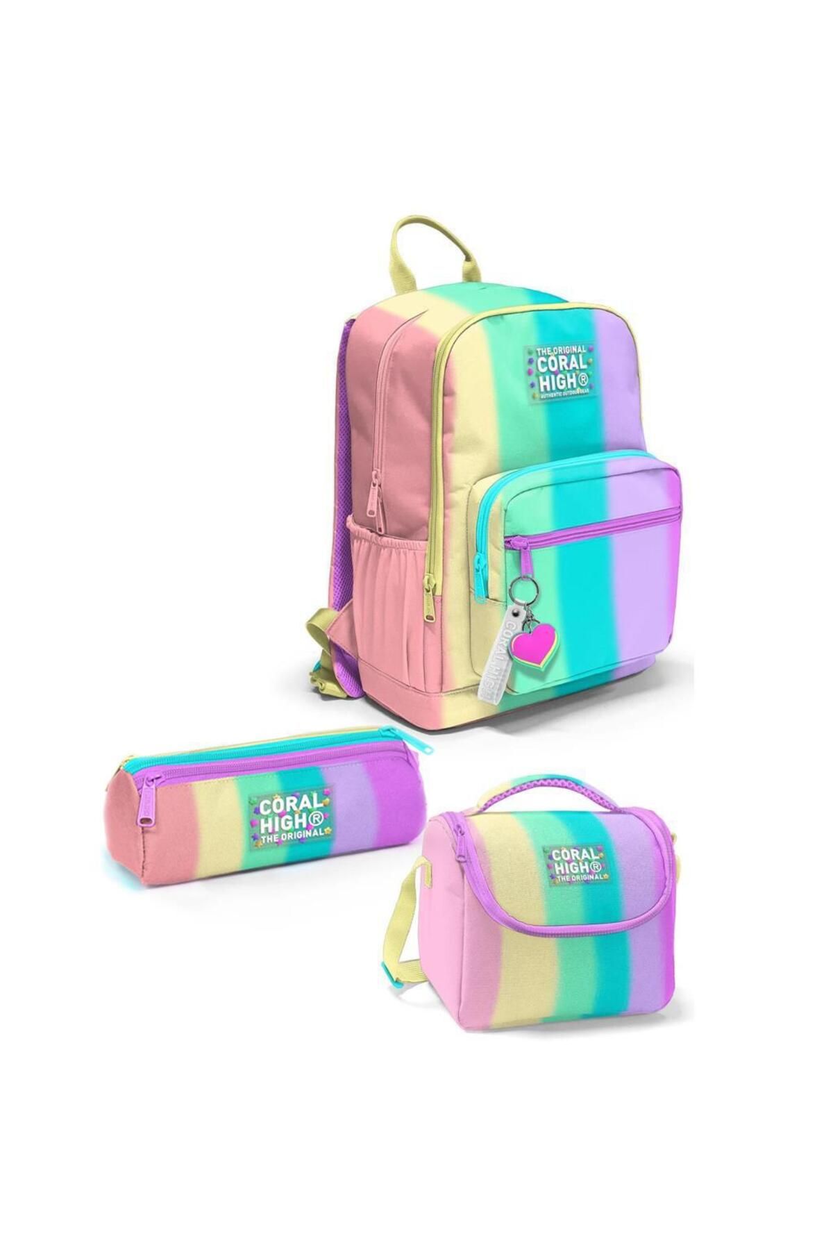 Coral High Desenli Okul Çantası Beslenme Kalemlik 3lü Set 23630