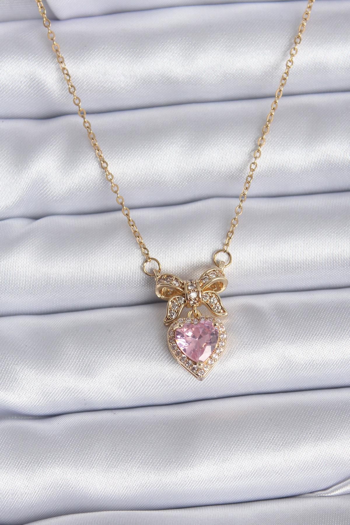 prativas 316L Çelik Gold Zincir Pembe Kristal Kalp Model Zirkon Taşlı Kurdele Model Kadın Kolye