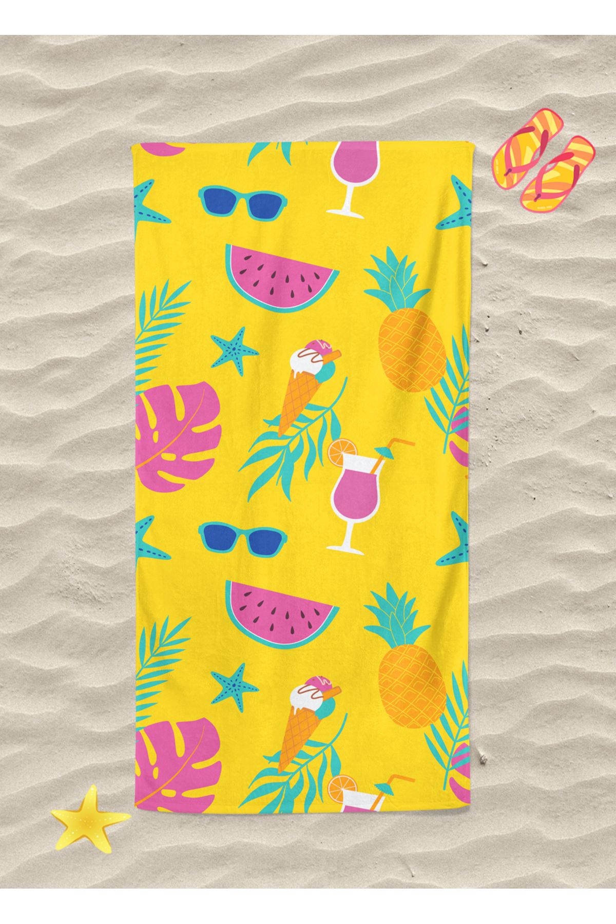 Erays Home İcecream Tropical Ananas Desenli Dijital Baskılı Plaj Havlusu Unisex Plaj Havlusu Deniz Havlusu