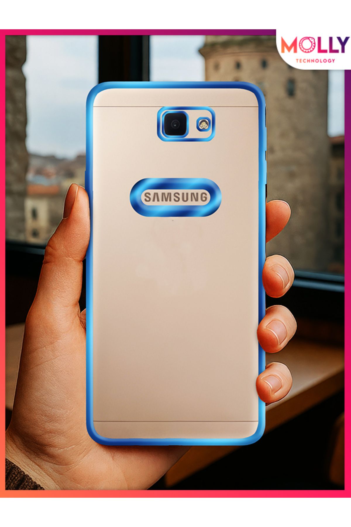 Molly Samsung Galaxy J7 Prime İçin Kenarları Metalik Mavi Lens Koruyuculu Lou Lazer Şeffaf Silikon Kılıf