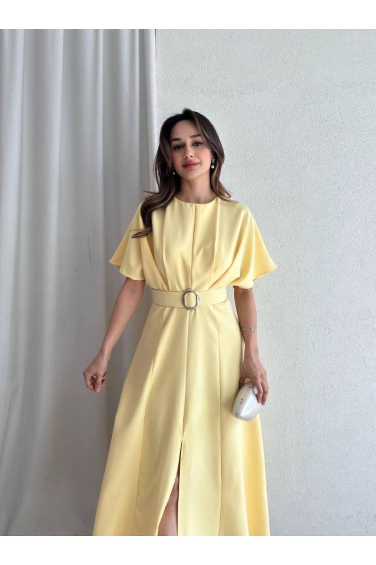 Ahzem Collection Yarasa Kol Midi Elbise kemer dahil