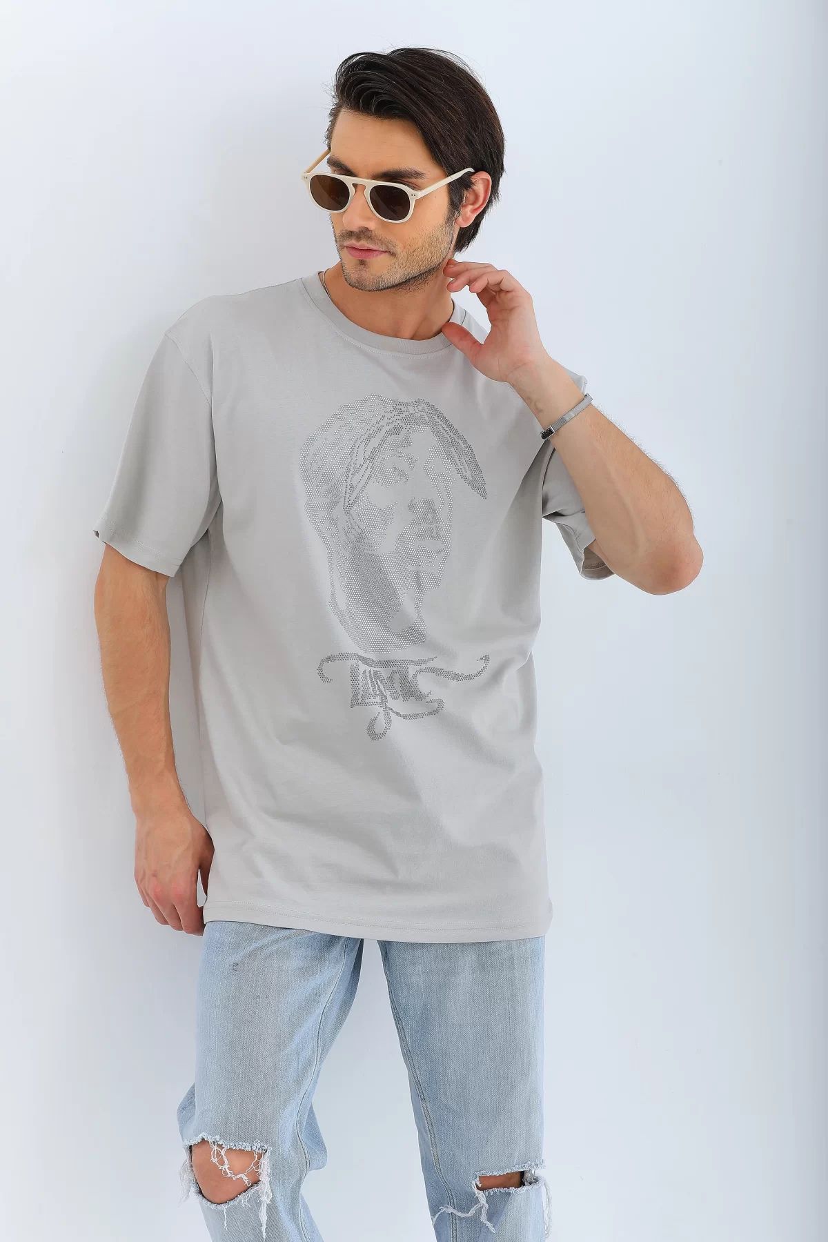 İndigo Park Tişört erkek Unisex Oversize Taşlı Bisiklet Yaka T-Shirt