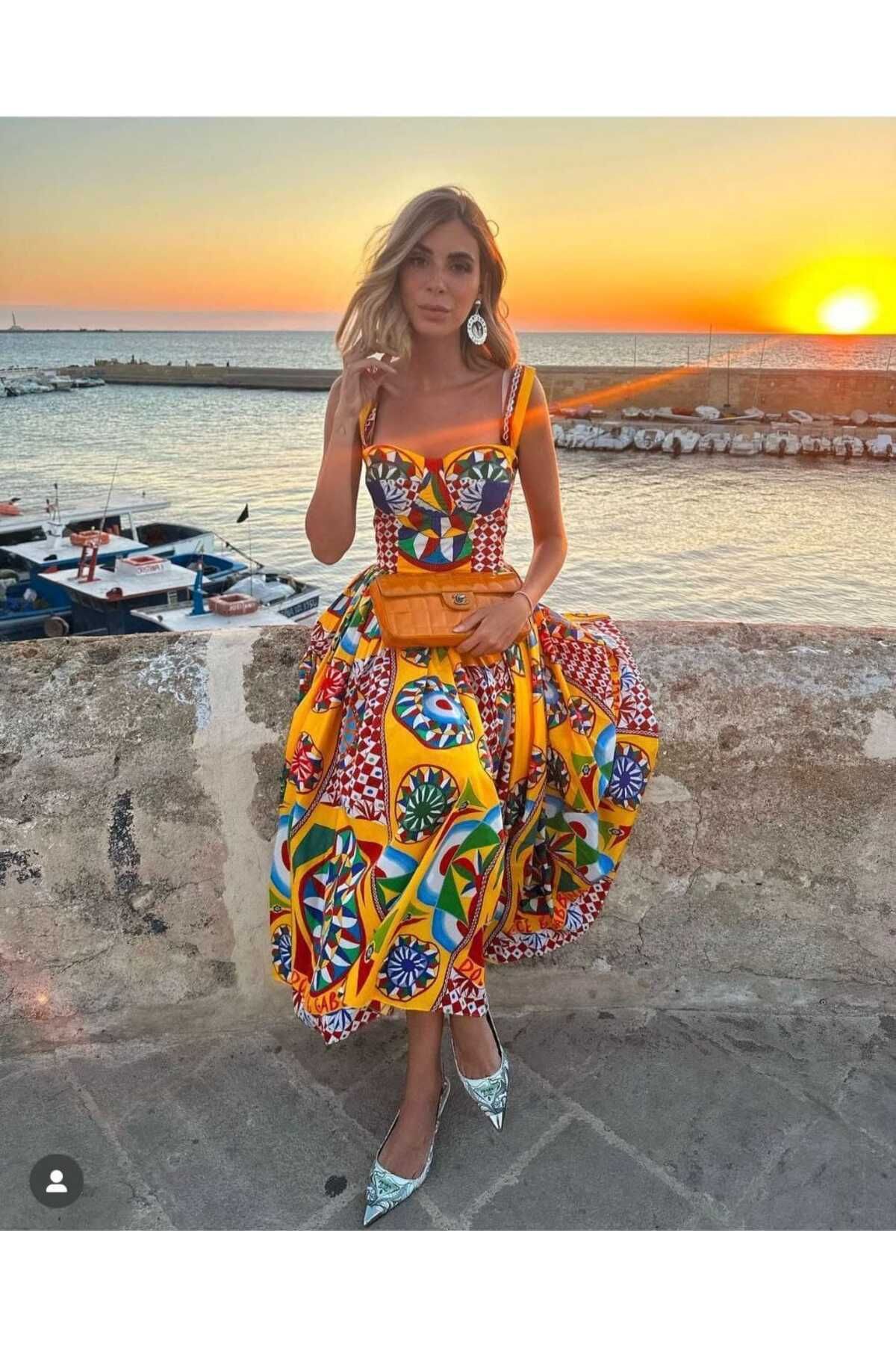 Ahzem Collection Dijital Baskı Kalp Yaka Elbise